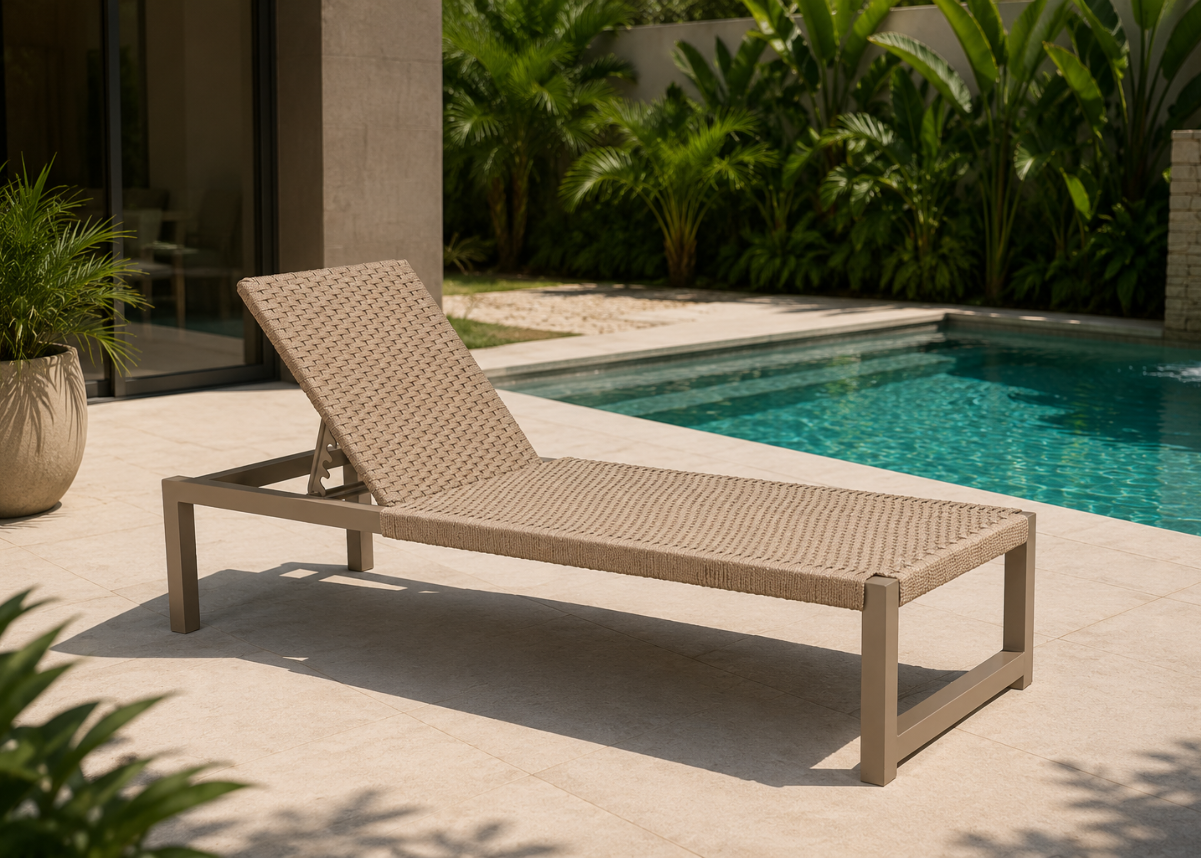 Chaise Hamma com design moderno para área externa e assento em corda náutica, apresentando conforto e sofisticação para espaços ao ar livre.