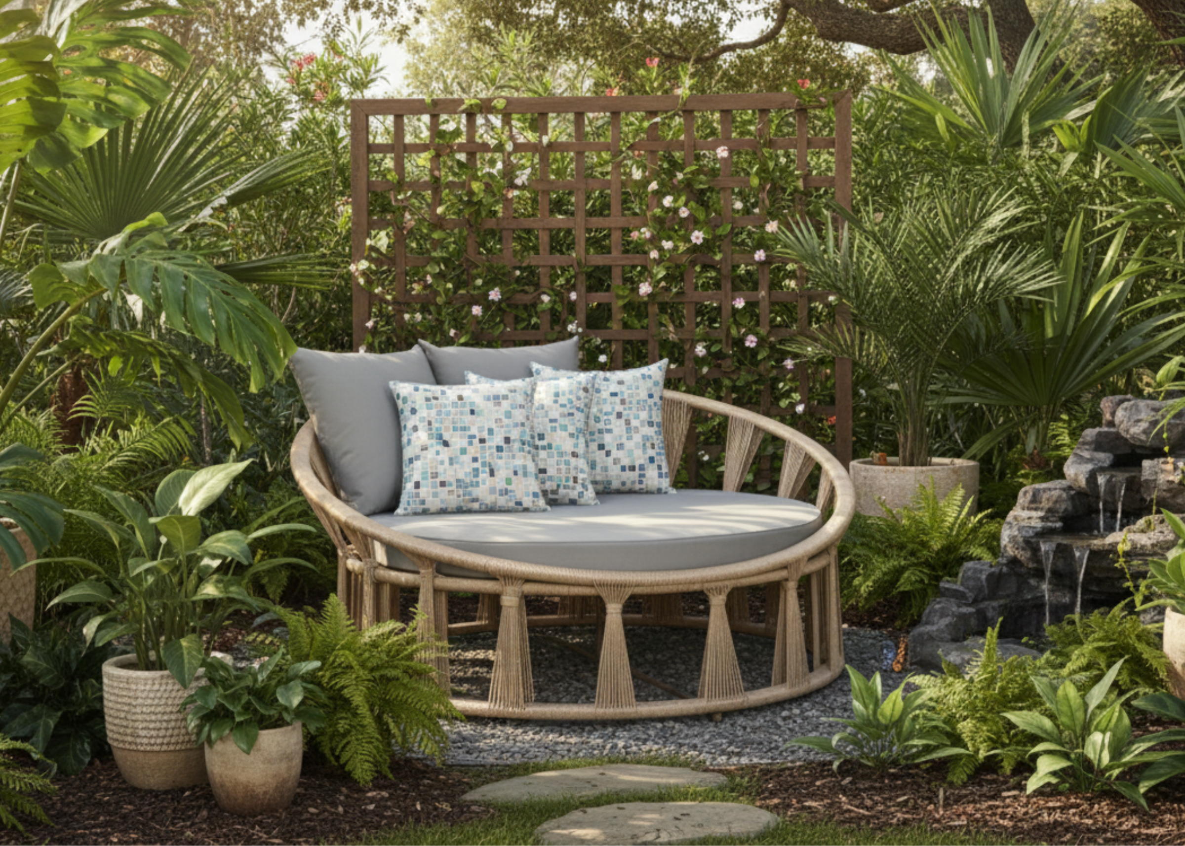 Chaise redonda grande para área externa modelo Emília em corda náutica. Móvel para uso externo.