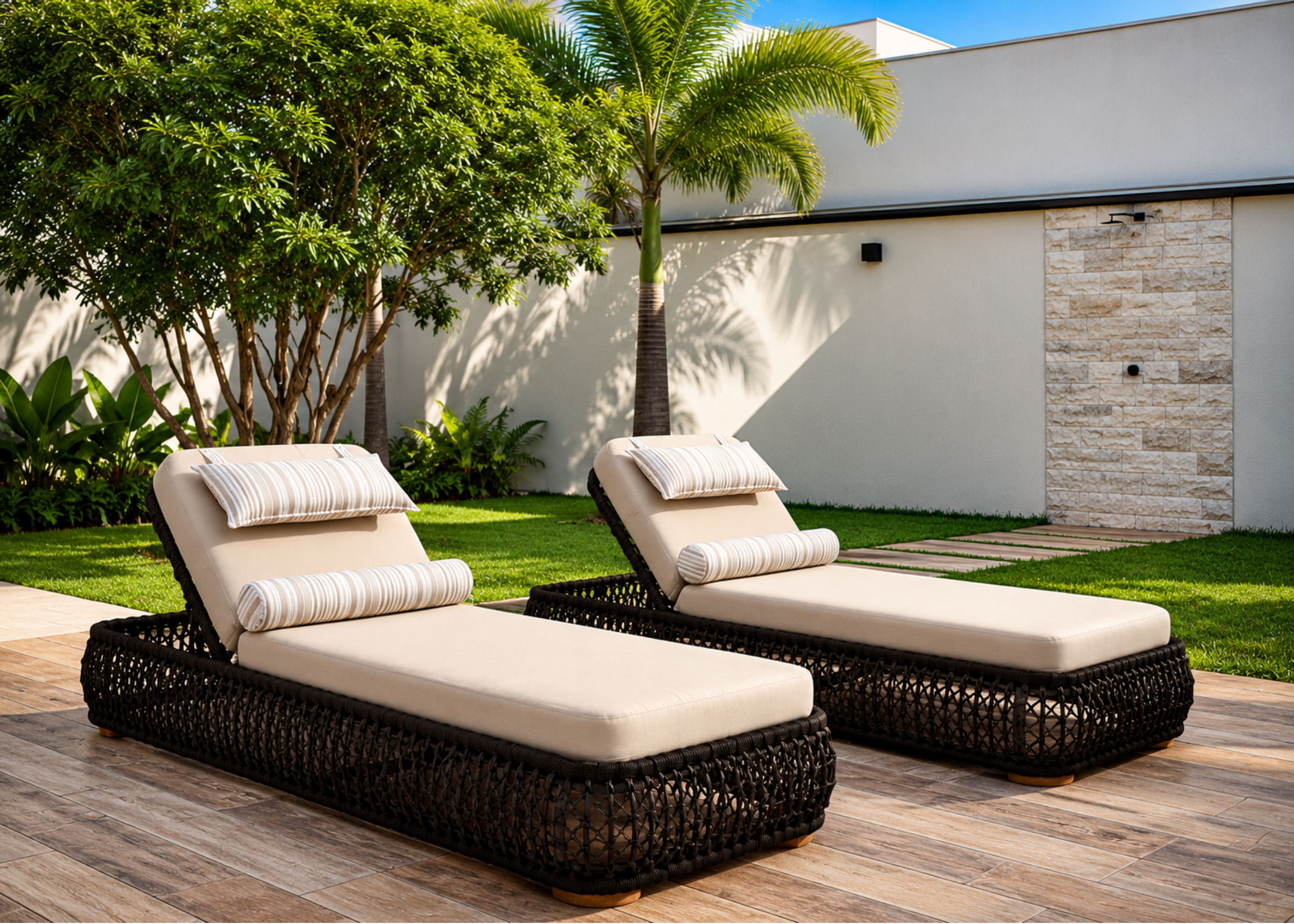 Chaise Solaris para área externa com design moderno e revestimento impermeável, apresentando conforto e sofisticação para espaços ao ar livre.