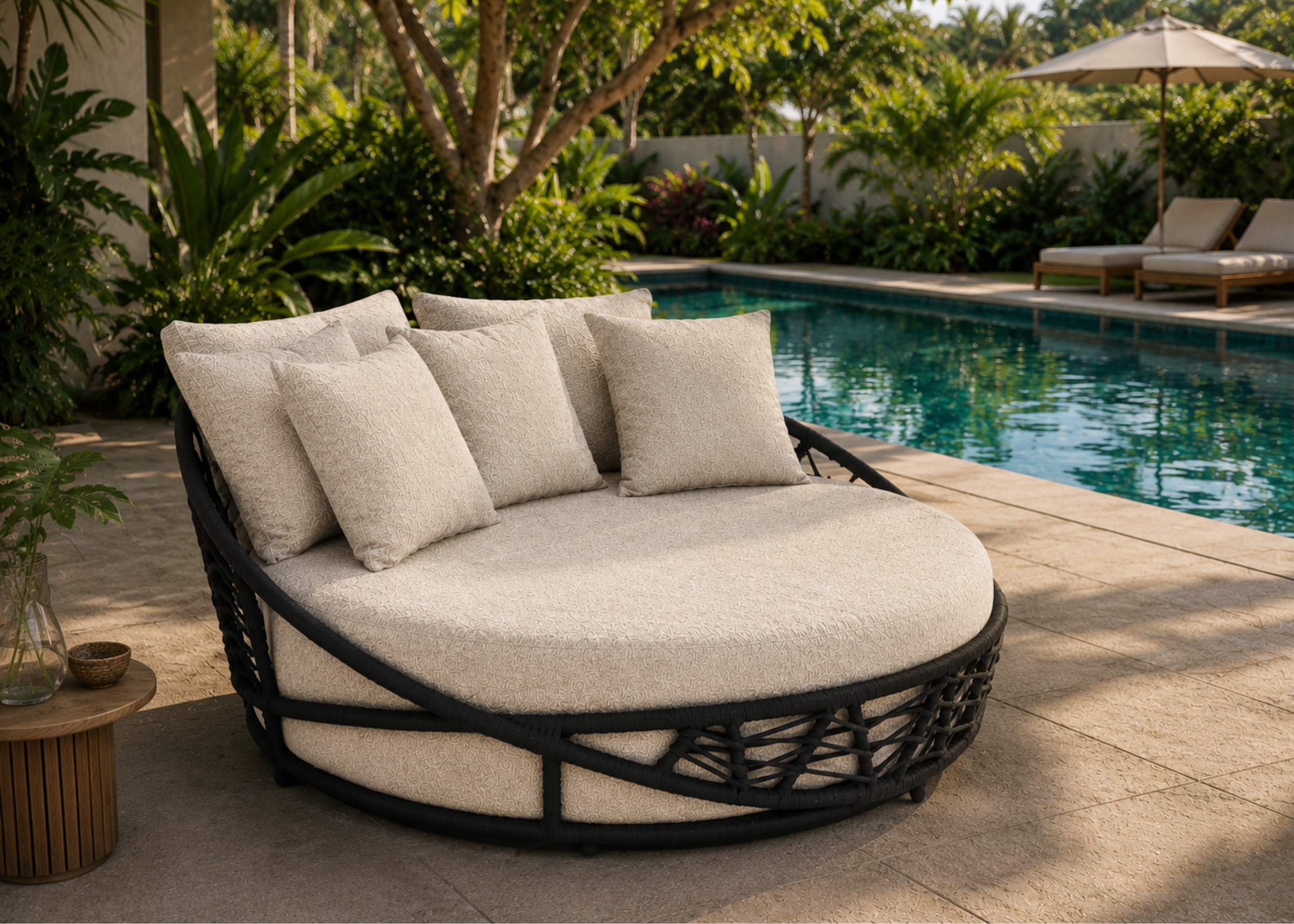 Chaise Sunrise para área externa confortável com estrutura em alumínio e corda náutica, apresentando design sofisticado e resistente para ambientes ao ar livre.