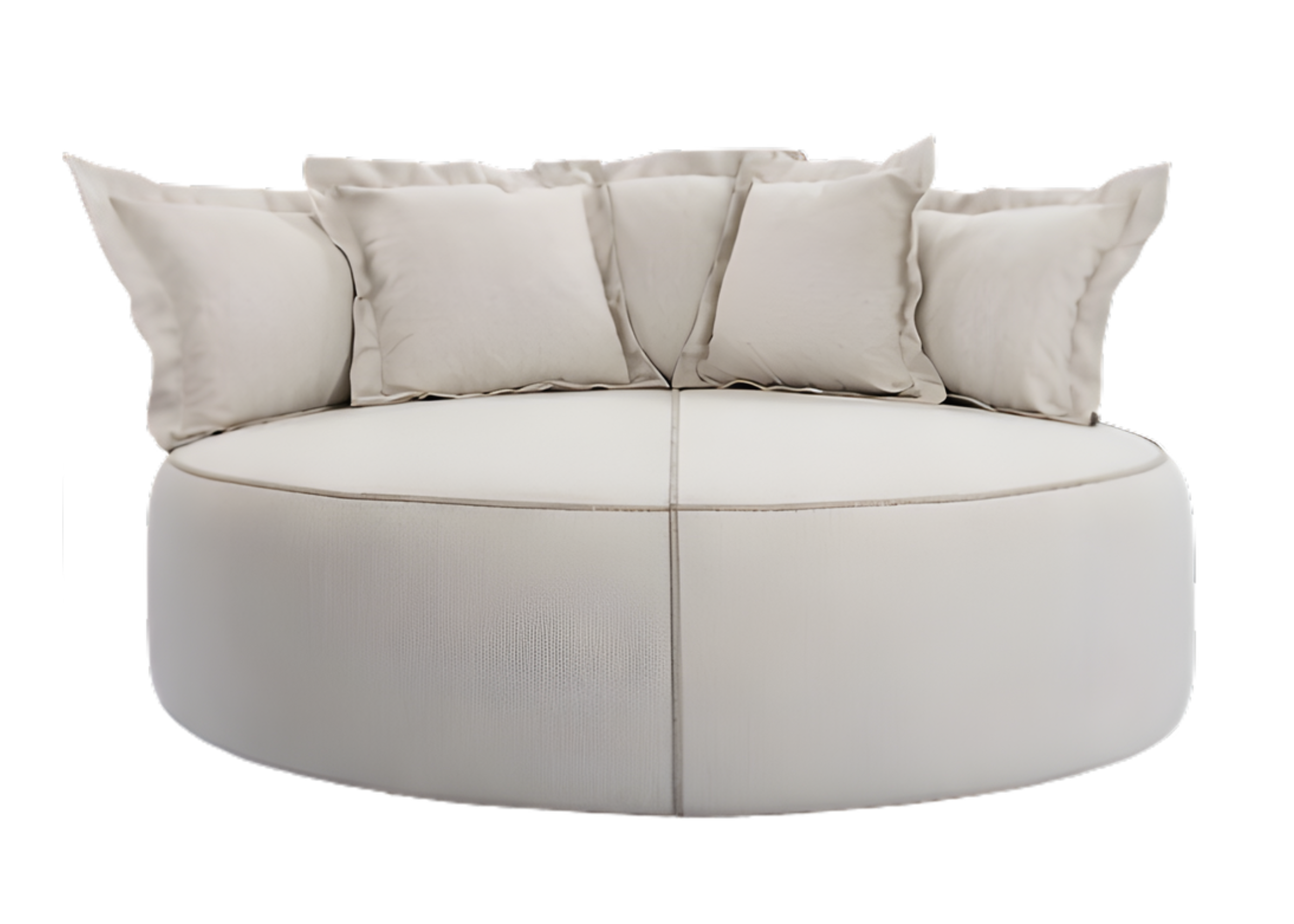 Chaise Volta com assento confortável e almofadas decorativas em tecido off white, unindo elegância, aconchego e design contemporâneo para ambientes sofisticados.