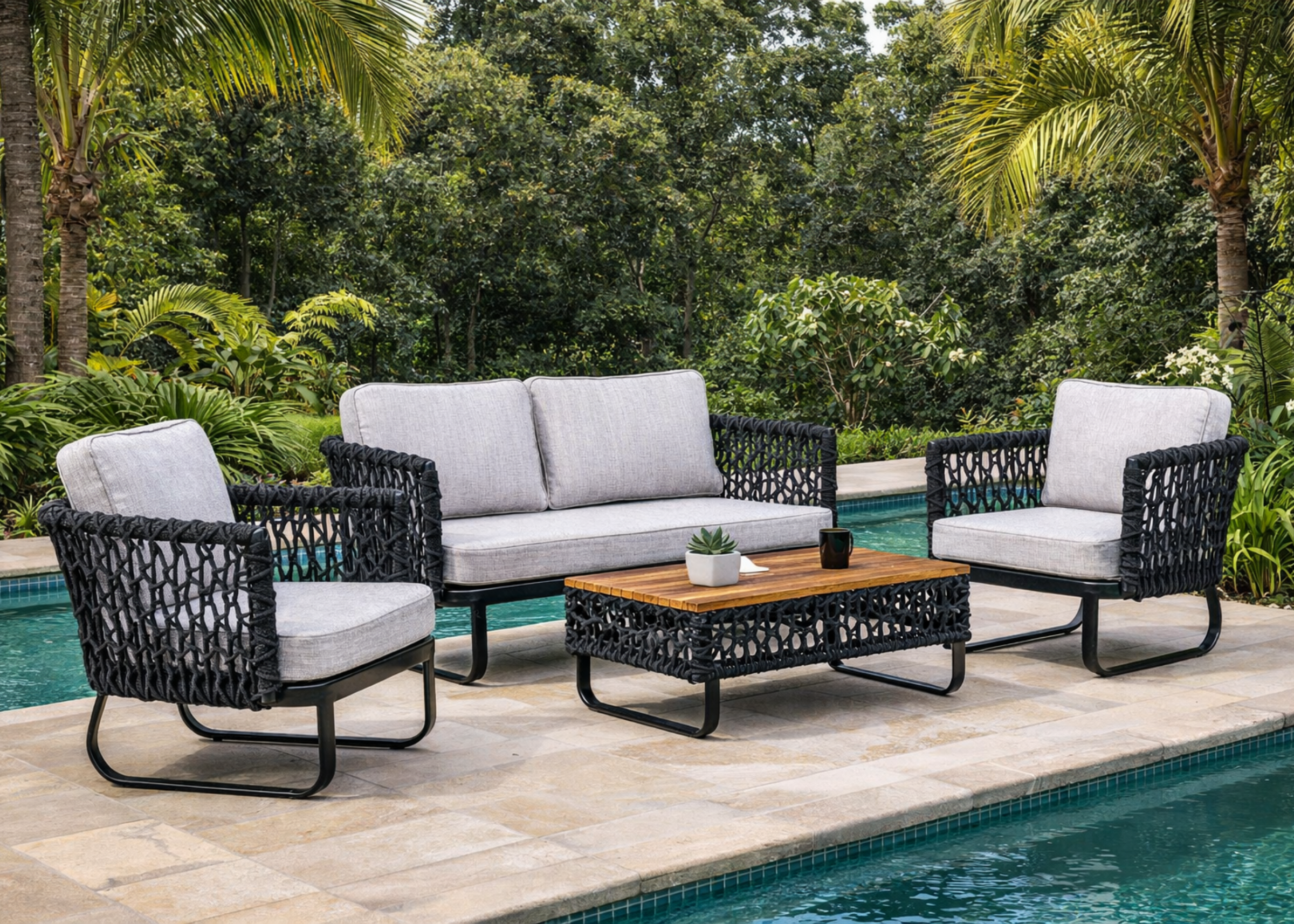 Conjunto para área externa da linha Terrace, com estrutura em alumínio, revestimento em corda náutica e detalhes em madeira cumaru, ideal para ambientes externos sofisticados e bem decorados.