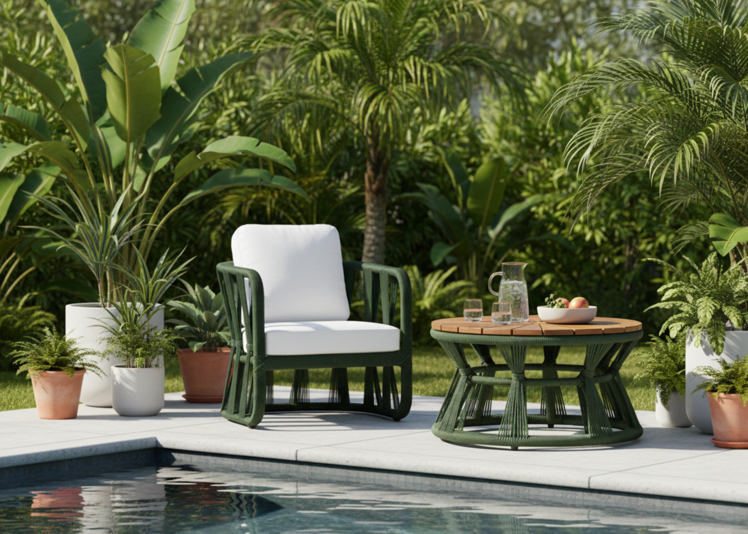 Conjunto Emília para área externa com base em alumínio e revestimento em corda náutica. Móvel para ambientes externos.
