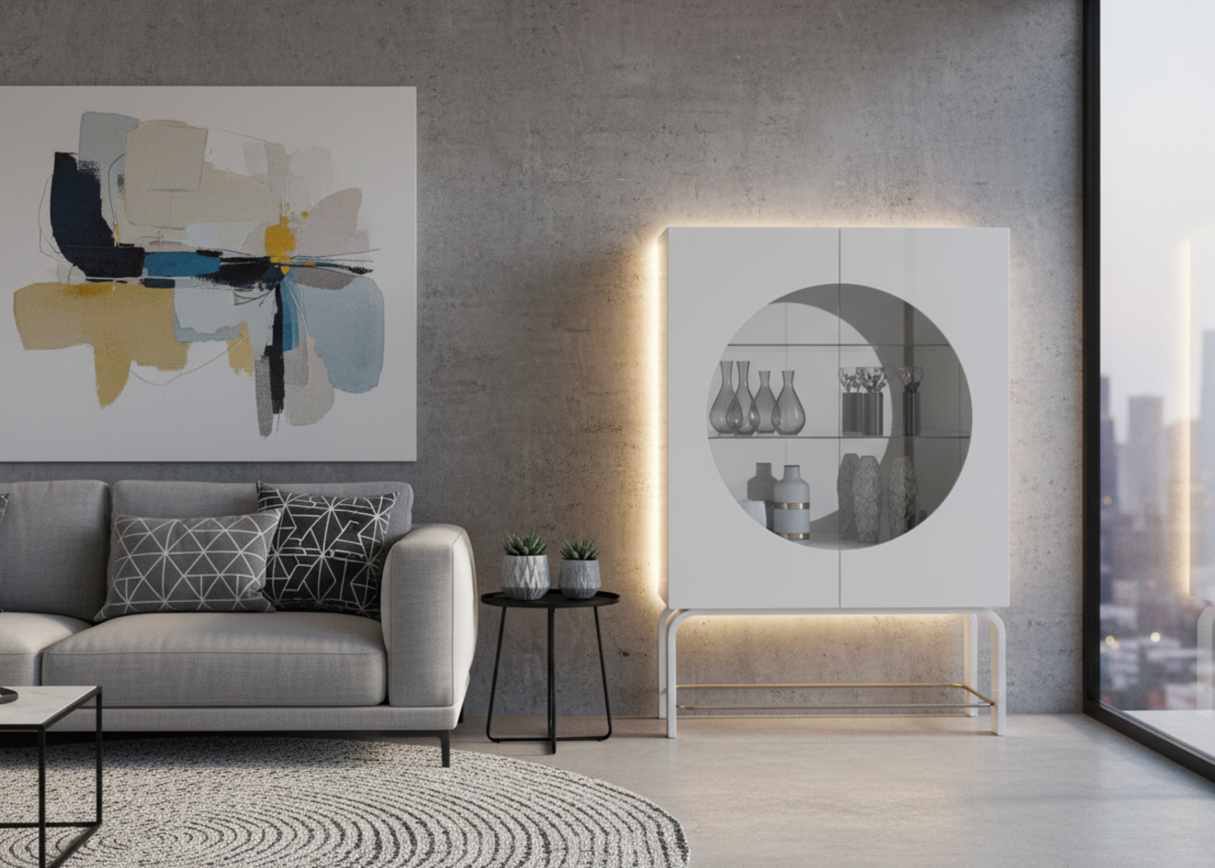 Cristaleira modelo Vianello em sala de jantar moderna, com acabamento laqueado, ideal para ambientes elegantes e contemporâneos.