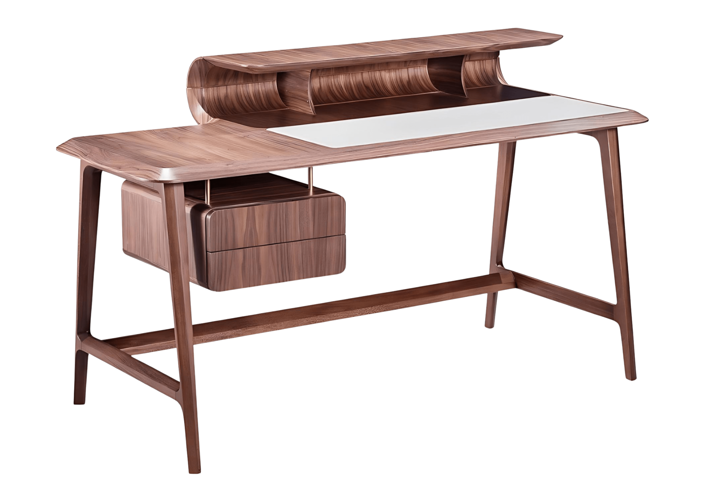 Escrivaninha moderna com gavetas, em madeira nogueira, design clean e funcional.
