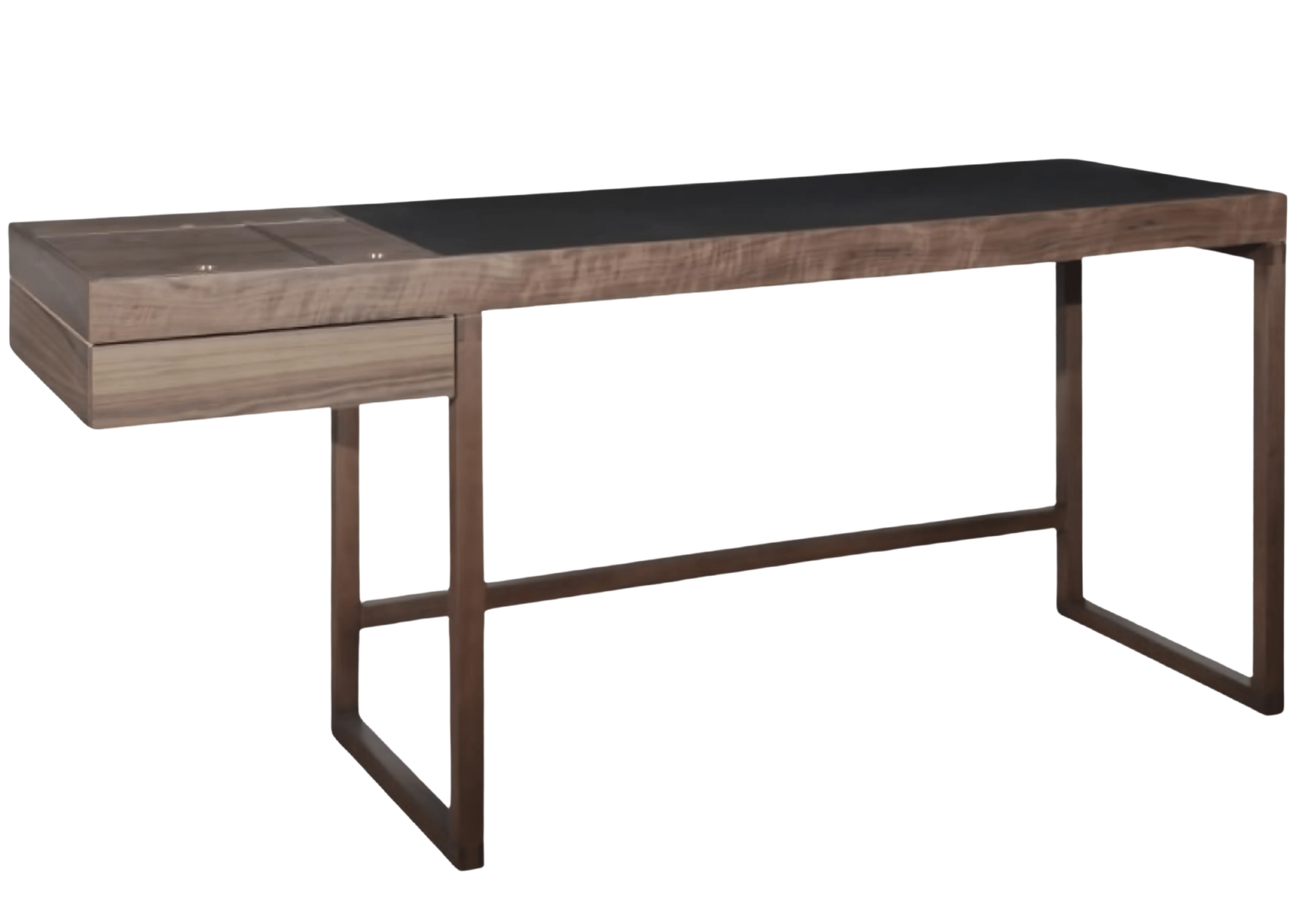 Escrivaninha modelo Eros com uma gaveta, base em madeira jequitibá e tampo em madeira nogueira. Design contemporâneo e refinado, ideal para ambientes de trabalho elegantes, apresentada sobre fundo neutro.
