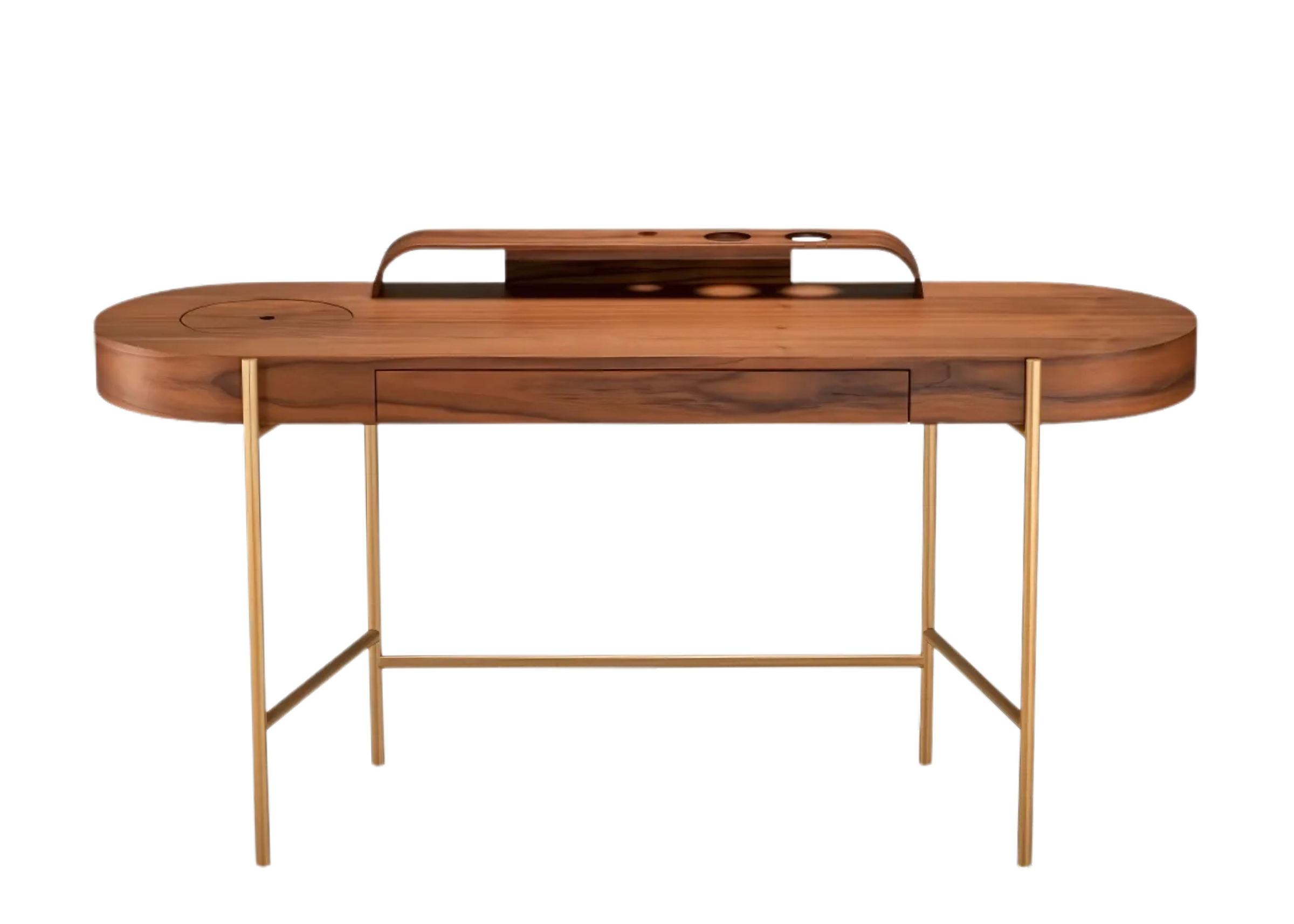 Escrivaninha com estrutura em madeira no acabamento carvalho mel, base metálica com pintura dourada e uma gaveta funcional. Design elegante e moderno, ideal para escritórios sofisticados, apresentada sobre fundo neutro.
