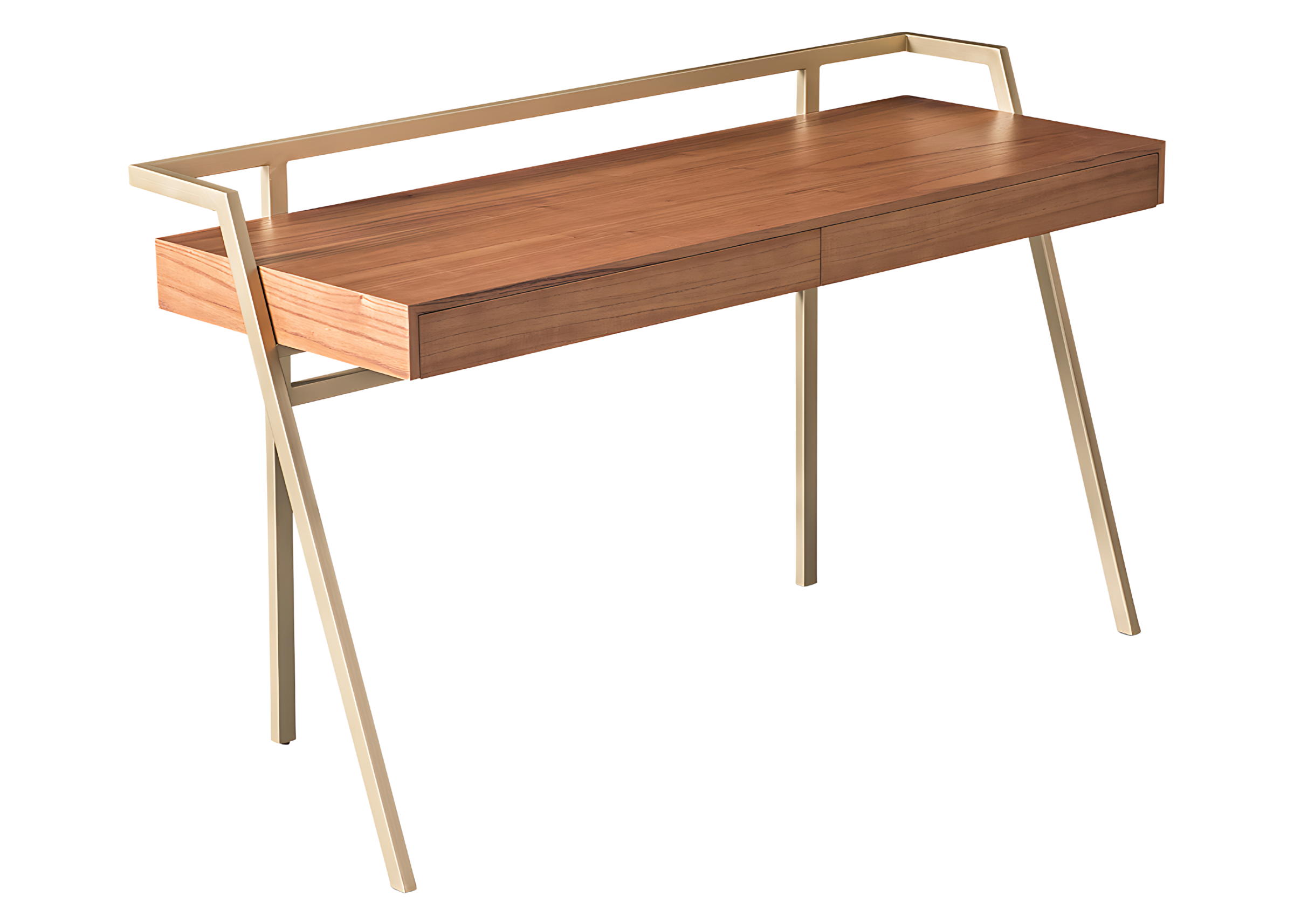 Escrivaninha em madeira com gavetas e base em aço carbono dourado. Design refinado e contemporâneo, ideal para escritórios elegantes, apresentada sobre fundo neutro.
