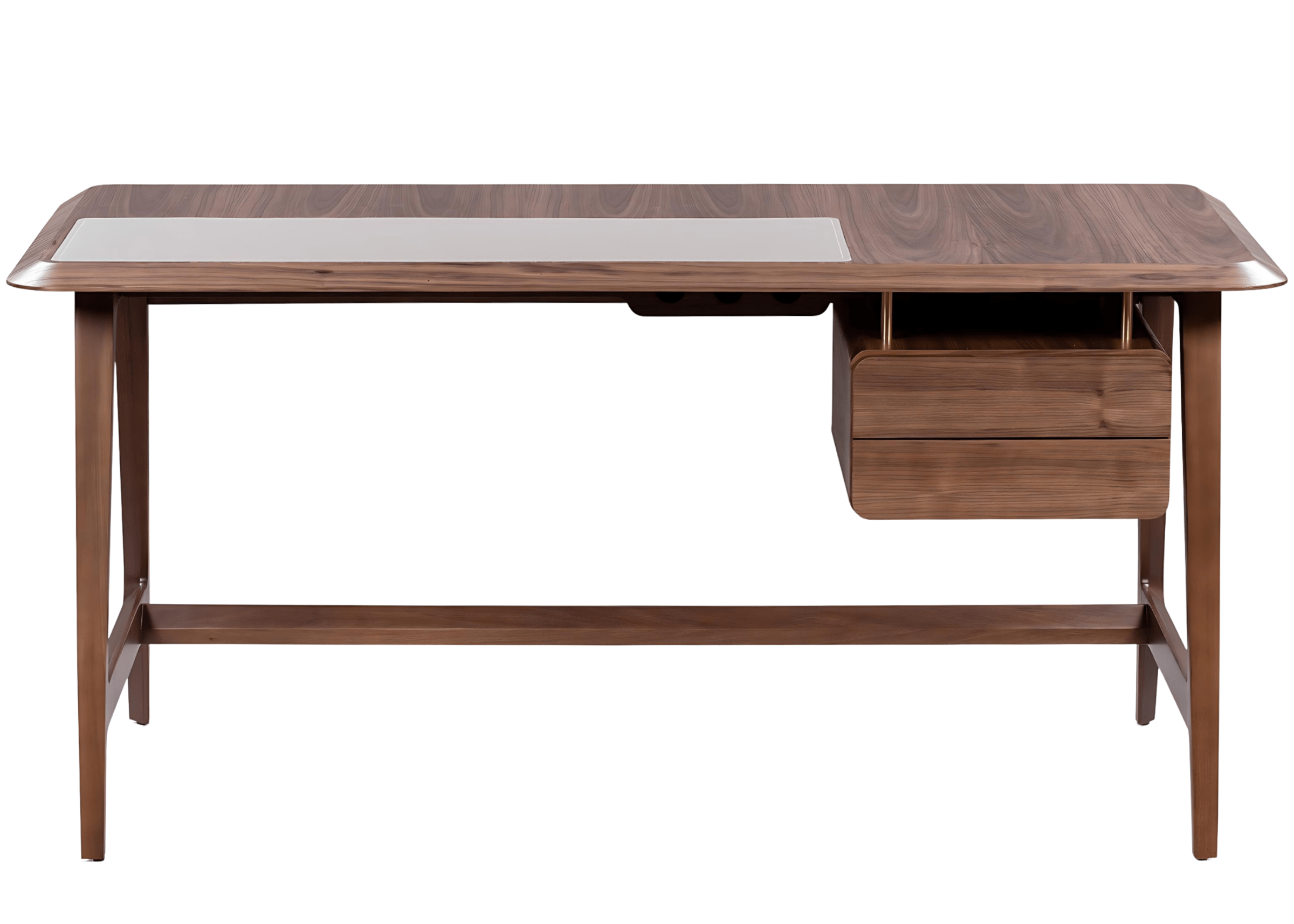 Escrivaninha modelo Arthemis em madeira com design contemporâneo e acabamento refinado. Ideal para ambientes de trabalho sofisticados, apresentada sobre fundo neutro.