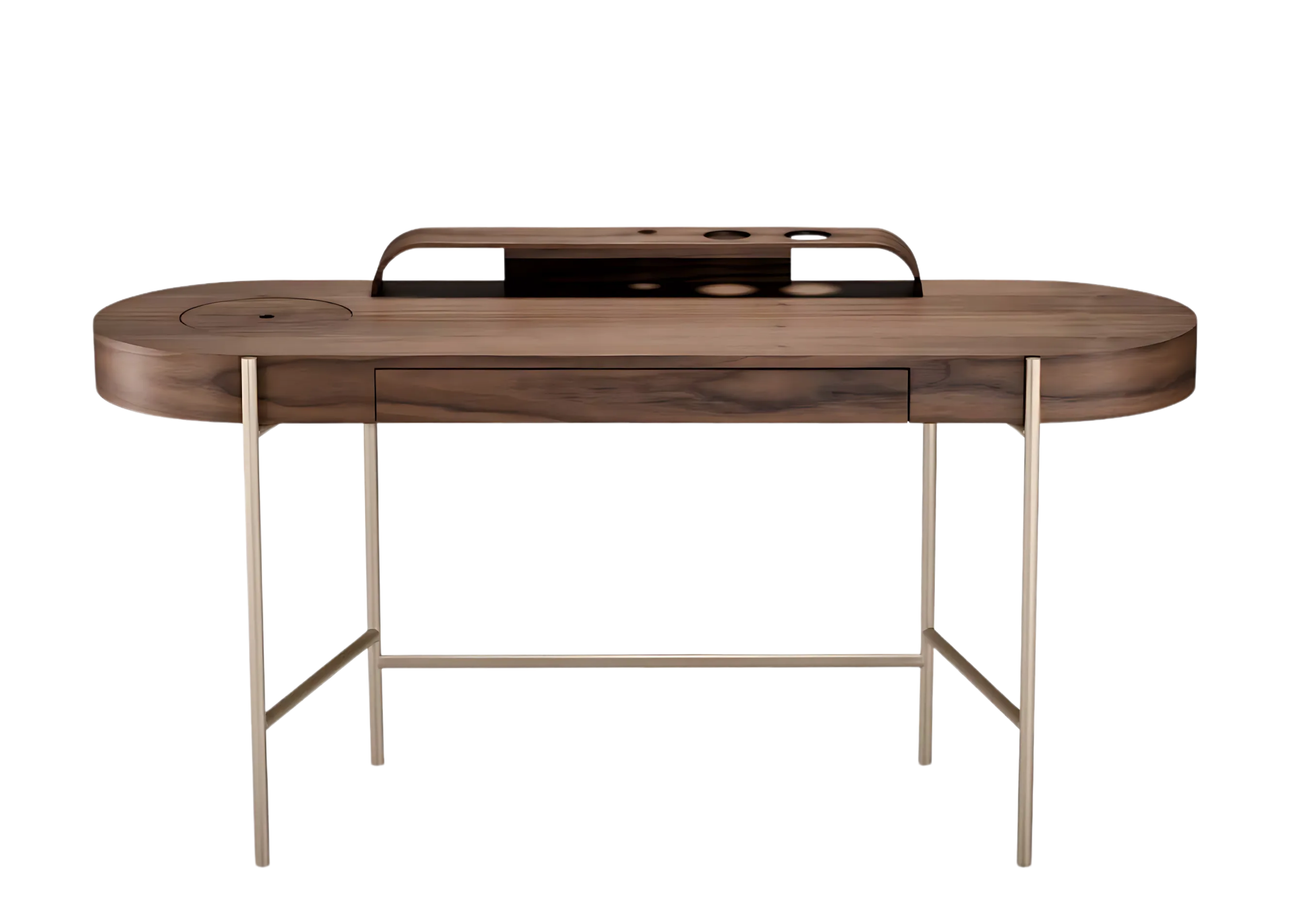 Escrivaninha com estrutura em madeira nogueira e base metálica no acabamento champagne. Design contemporâneo e refinado, ideal para ambientes de trabalho elegantes, apresentada sobre fundo neutro.
