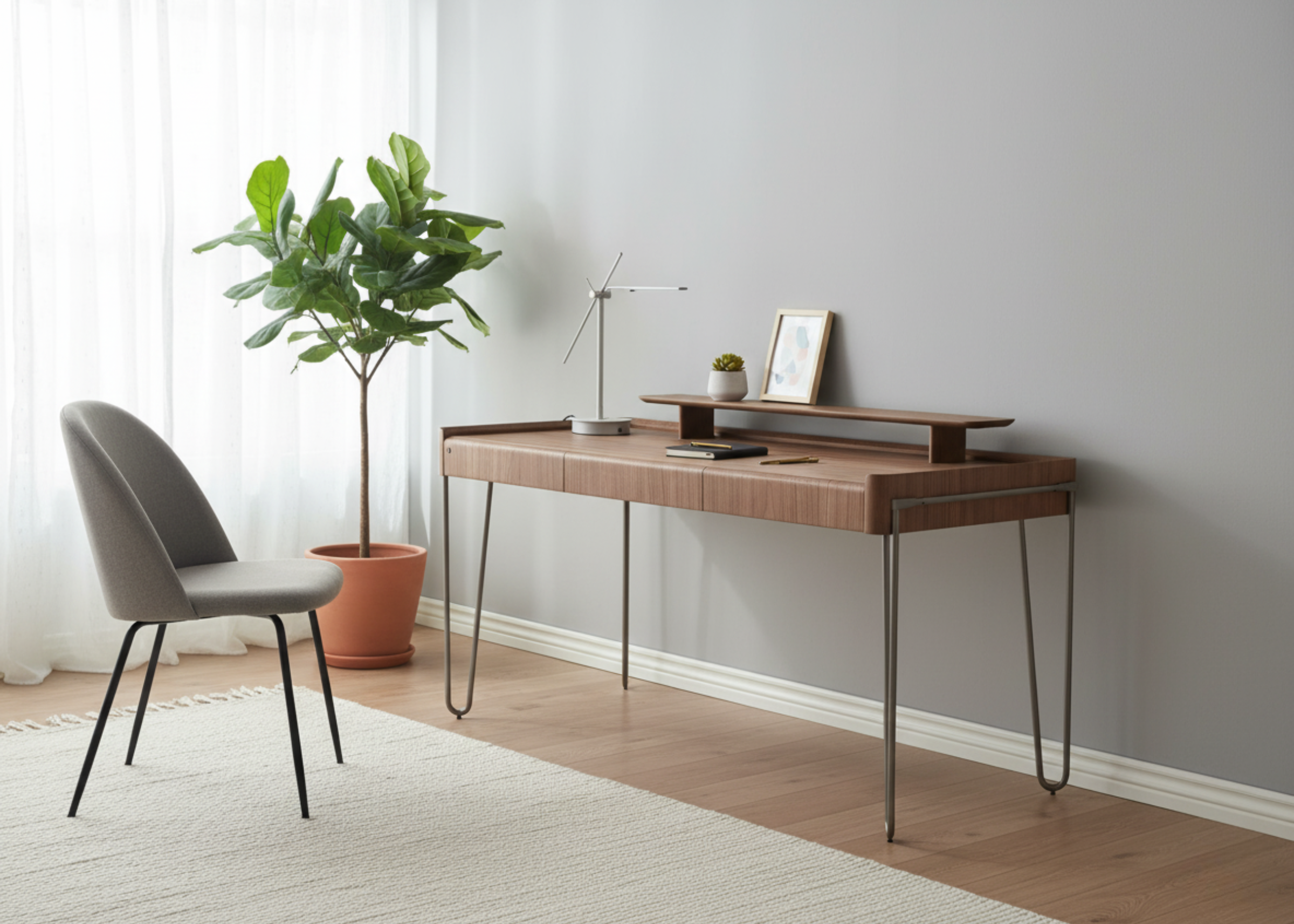Escrivaninha moderna modelo Flow para escritório, em madeira nogueira com gavetas, design elegante e funcional, ideal para ambientes contemporâneos.