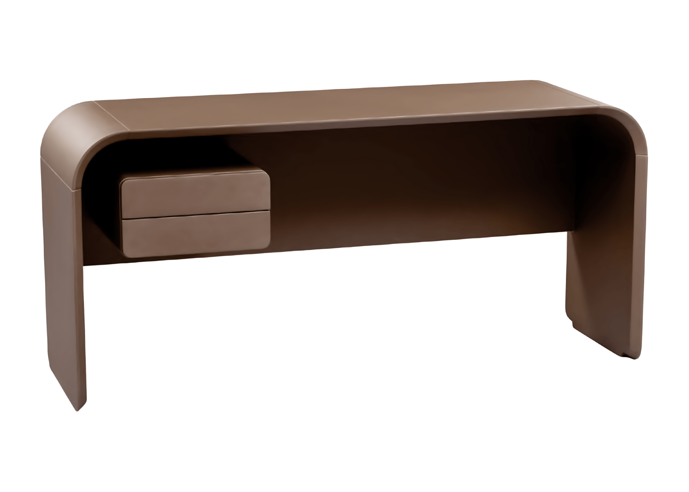 Escrivaninha modelo Duck com formato orgânico, acabamento laqueado marrom e duas gavetas. Design elegante e contemporâneo, ideal para ambientes de trabalho sofisticados, apresentada sobre fundo neutro.
