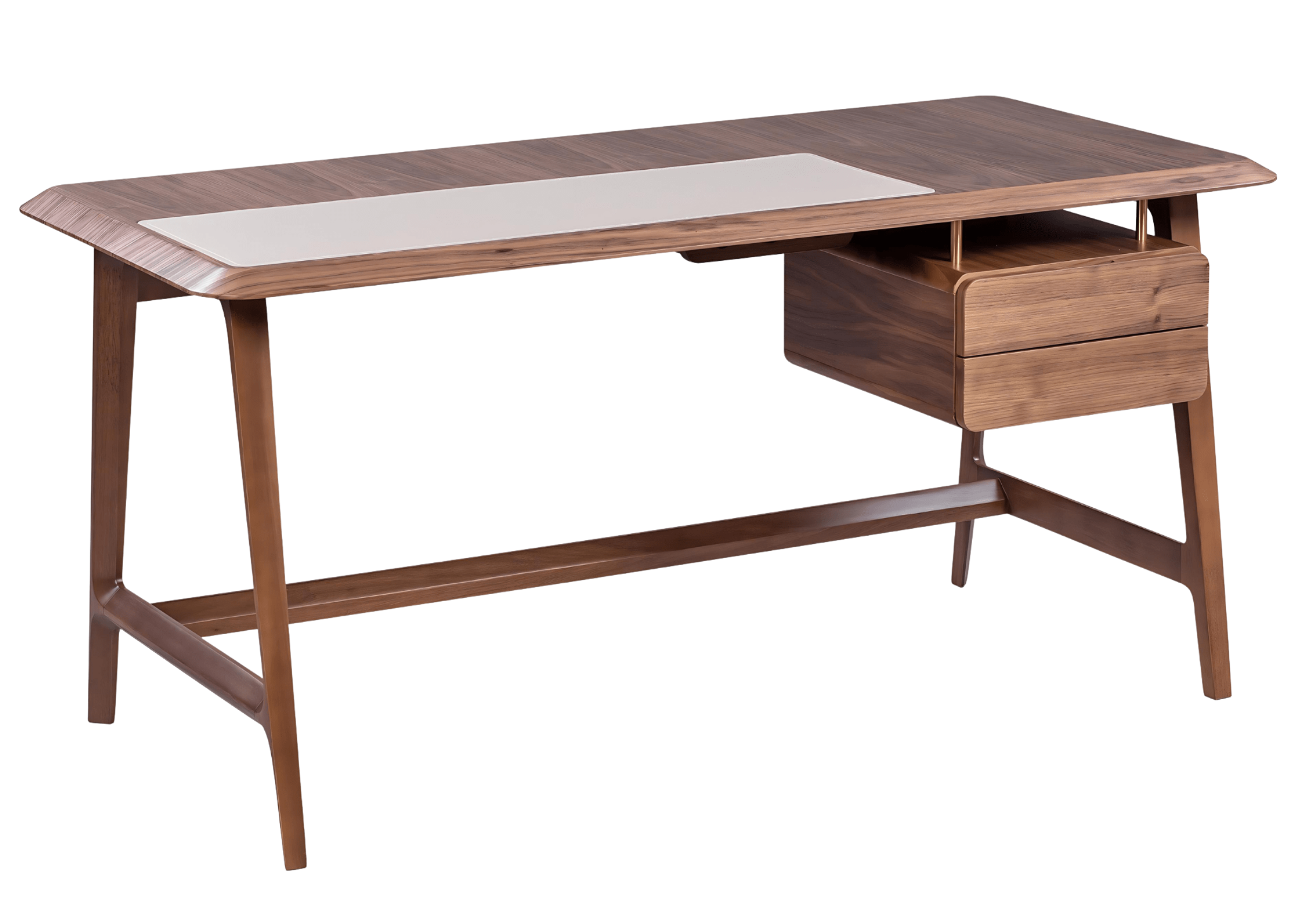 Escrivaninha retangular modelo Arthemis com estrutura em madeira e duas gavetas. Design funcional e elegante, ideal para escritórios modernos, apresentada sobre fundo neutro.