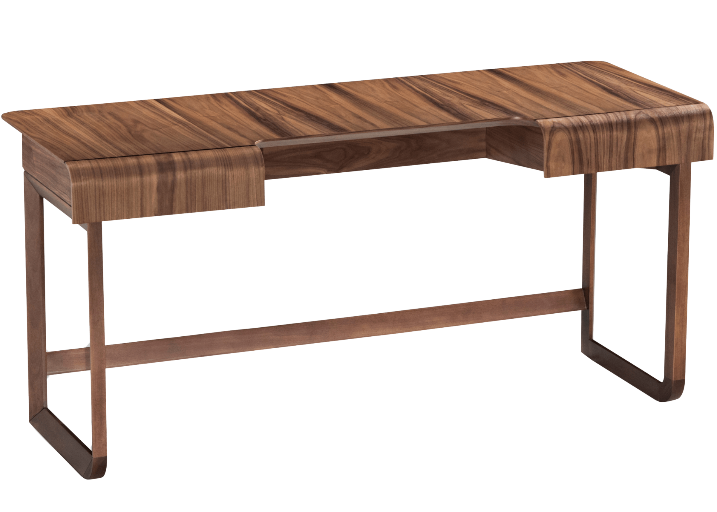 Escrivaninha com tampo em madeira carvalho natural e base em madeira jequitibá. Peça de design moderno e funcional, ideal para escritórios sofisticados, apresentada sobre fundo neutro.

