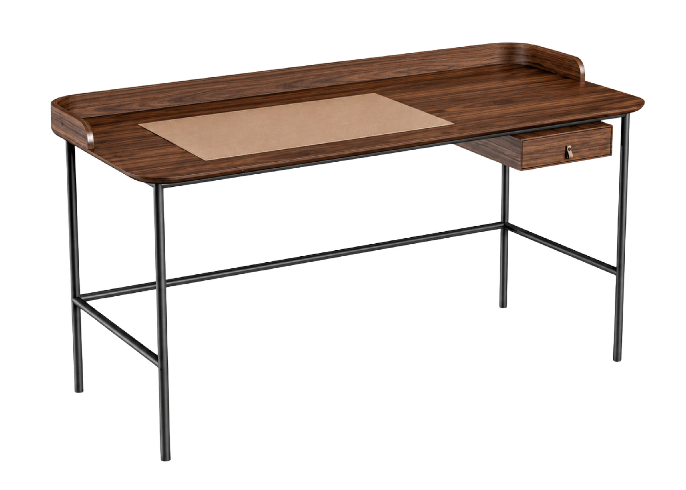 Escrivaninha Zuca com base em aço carbono e acabamento laminado em madeira, apresentando design elegante e sofisticado, ideal para compor escritórios e home offices modernos.