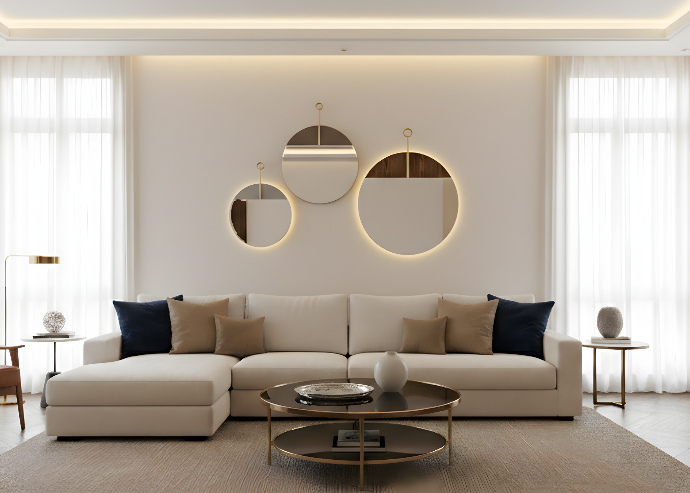 Espelho redondo modelo Lacenza com detalhe de suporte dourado, design moderno e elegante, ideal para compor salas de estar sofisticadas.