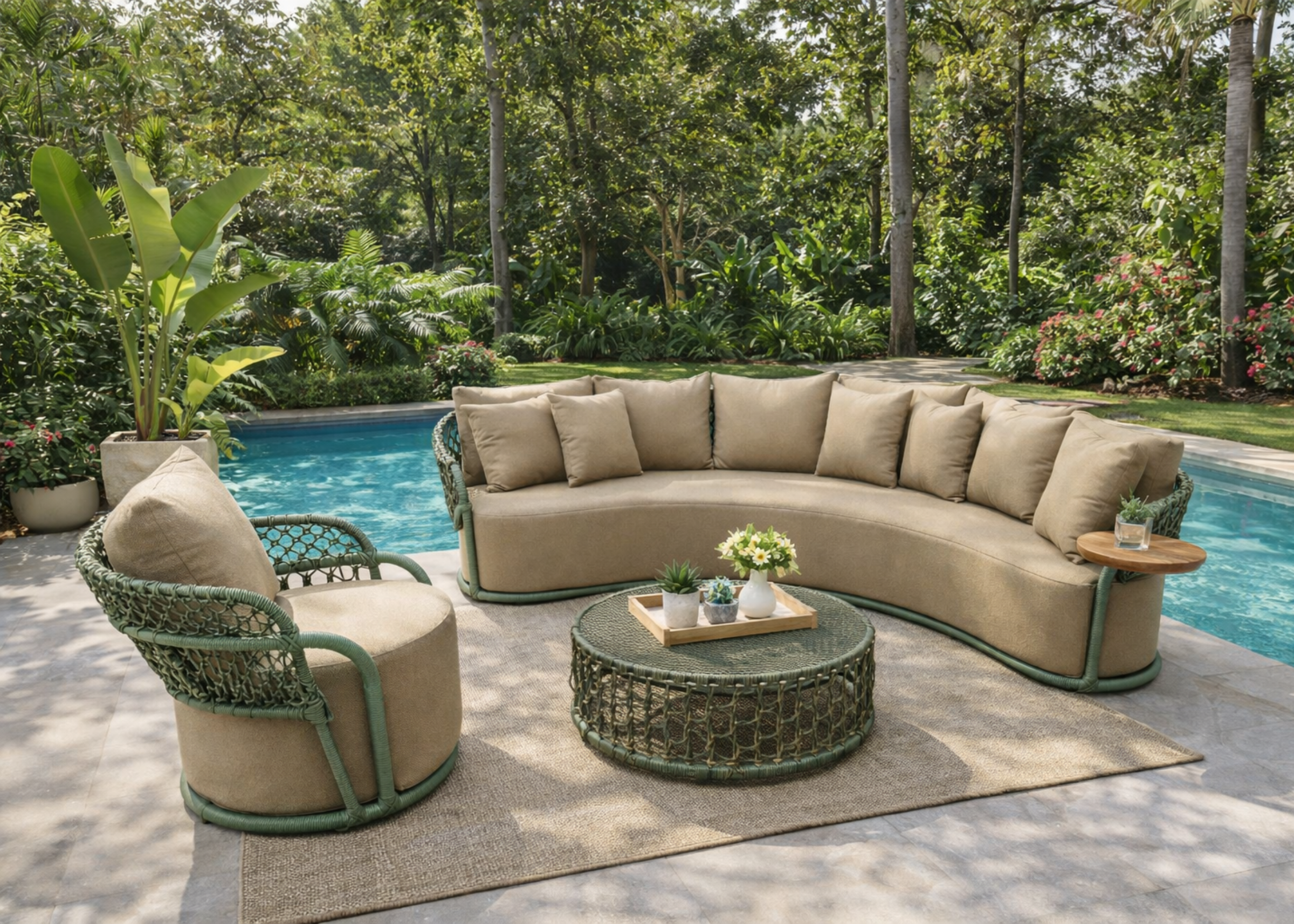 Linha Albany para área externa com estrutura em alumínio e corda náutica. Móveis para uso externo.
