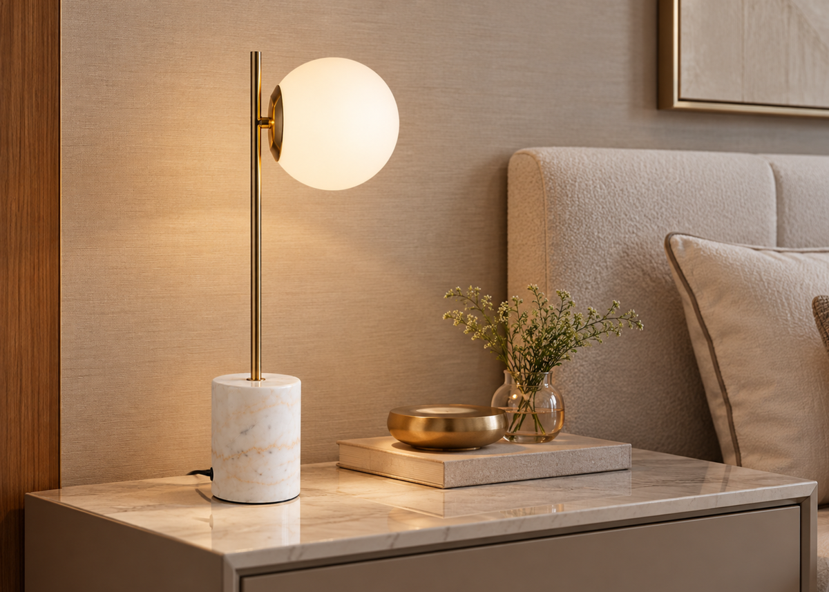 Luminária de mesa 4081 com base em mármore e detalhes em metal dourado, apresentando acabamento elegante e sofisticado.