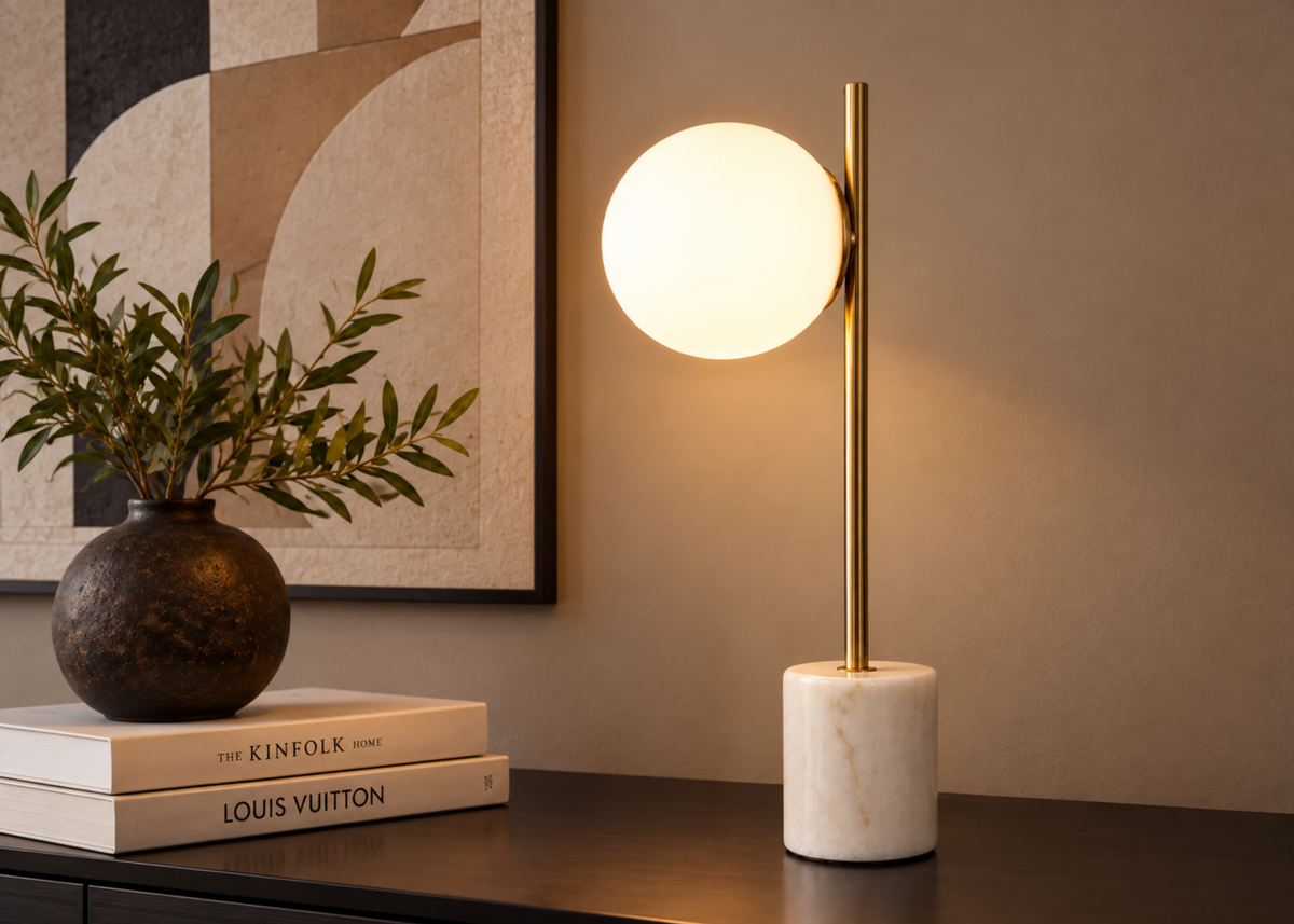 Luminária de mesa 4081 com base em mármore, vidro leitoso e haste em metal dourado, apresentando design moderno e sofisticado.