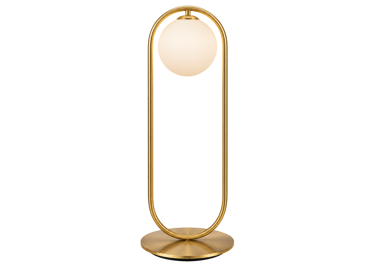 Luminária de mesa 4083 com estrutura em metal dourado light e difusor em vidro leitoso, ideal para compor ambientes elegantes e sofisticados.