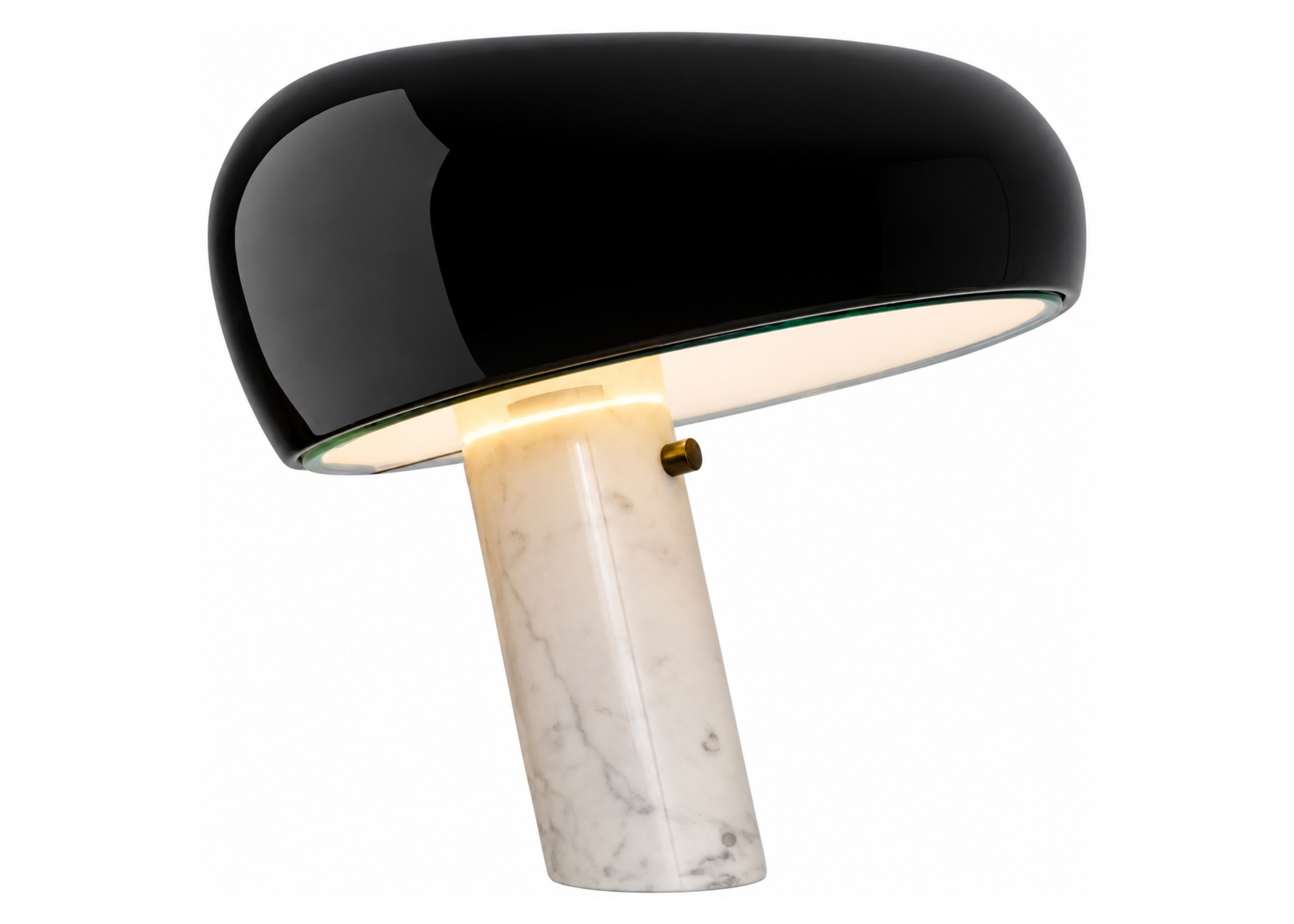 Luminária de mesa 4124 com base em mármore natural e cúpula em alumínio preto, apresentando acabamento sofisticado e contemporâneo.