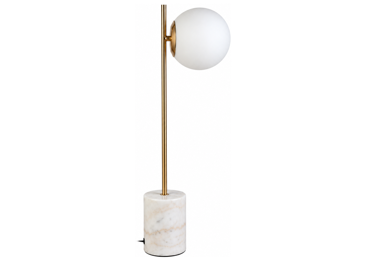 Luminária de mesa 4081 com base em mármore, cúpula em vidro leitoso e detalhes em metal dourado, apresentando design elegante e sofisticado.