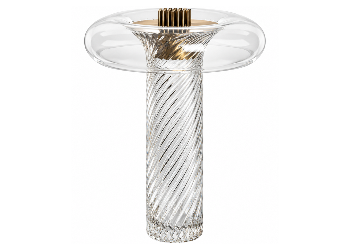 Luminária de mesa 4125 com corpo em vidro translúcido e detalhes em metal dourado, ideal para uma decoração sofisticada e elegante.