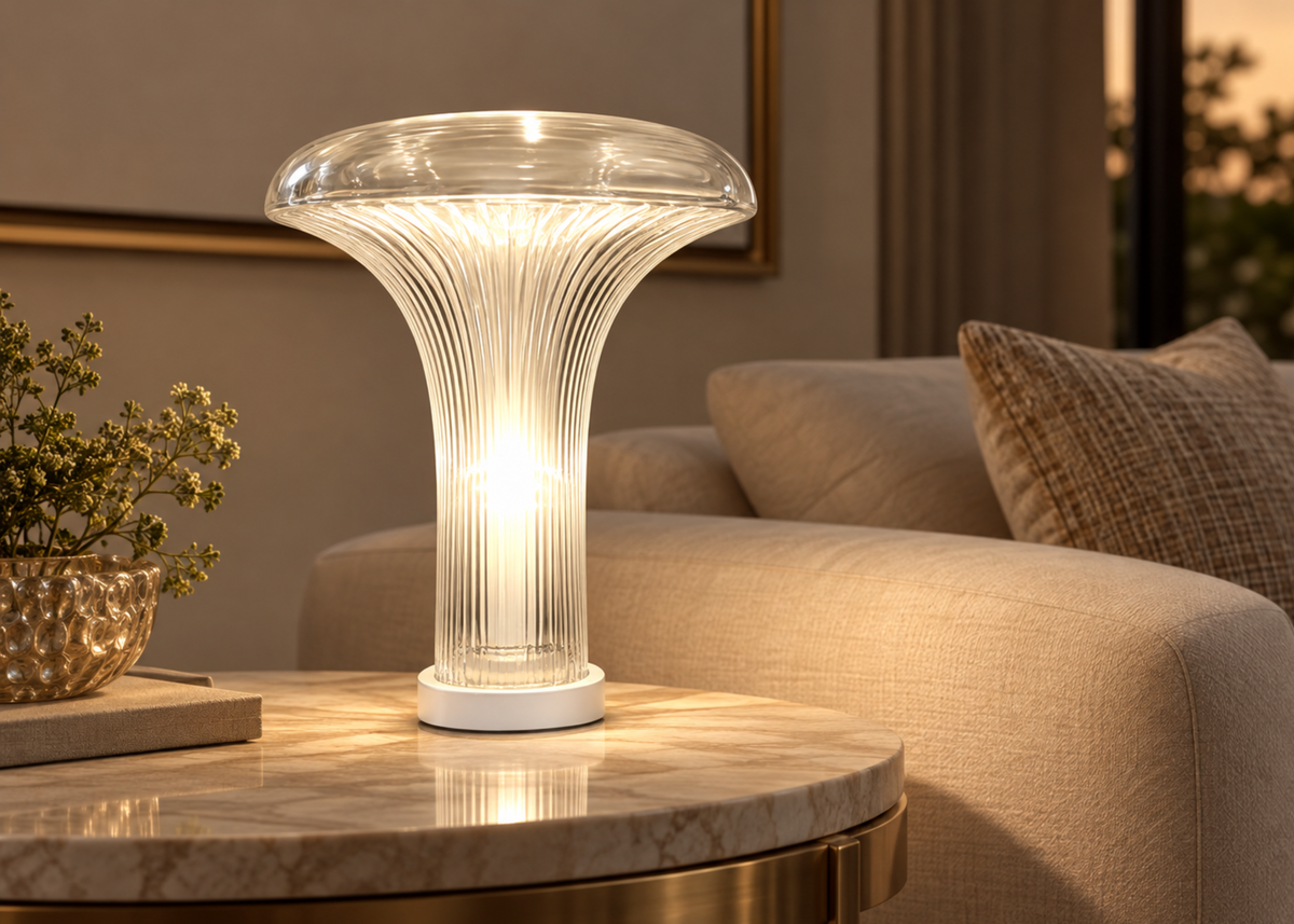 Luminária de mesa 4130 em vidro translúcido com base em acrílico, ideal para compor ambientes elegantes e sofisticados.