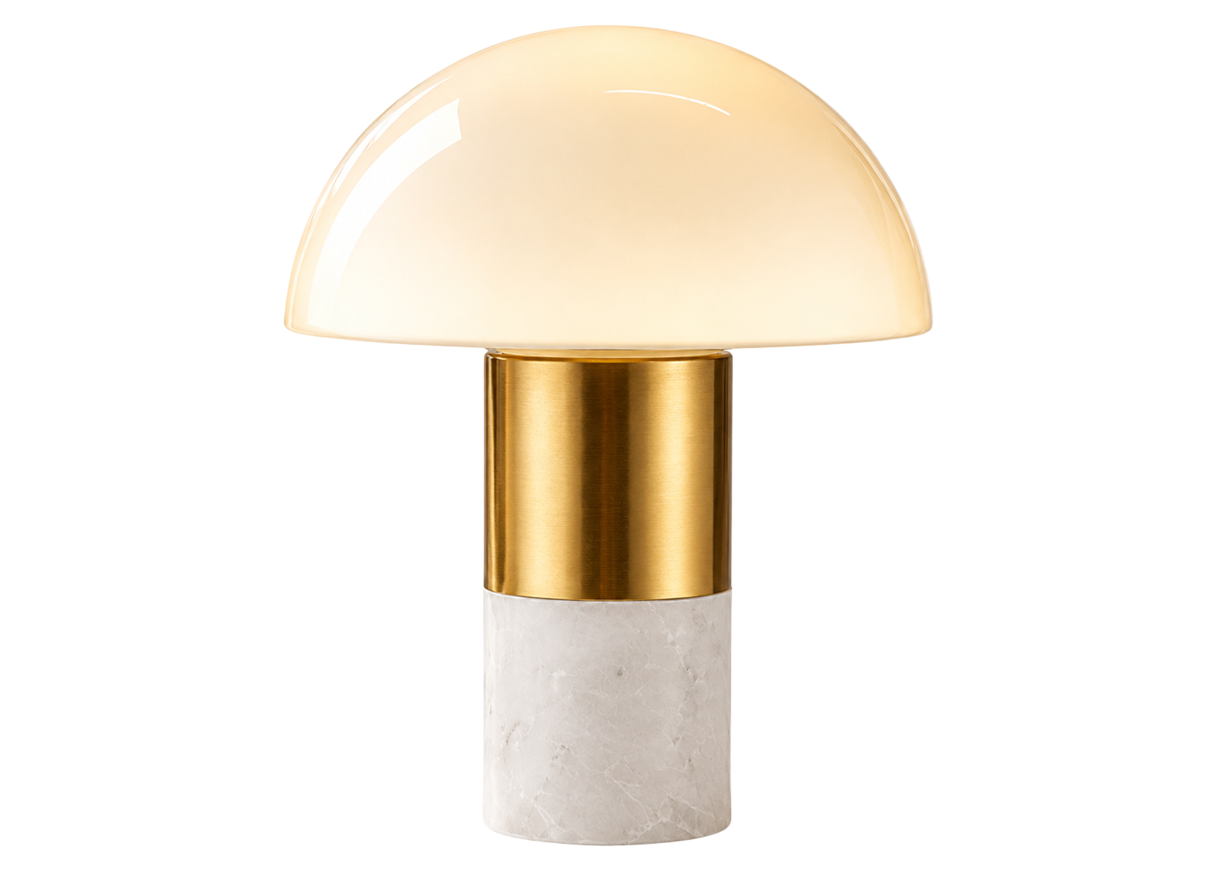 Luminária de mesa 4133 com base em mármore branco, metal dourado e cúpula em vidro, ideal para compor ambientes modernos e refinados.