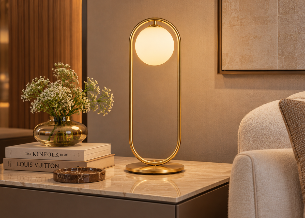 Luminária de mesa 4083 com design sofisticado e estrutura em metal dourado, perfeita para valorizar a decoração de ambientes contemporâneos.