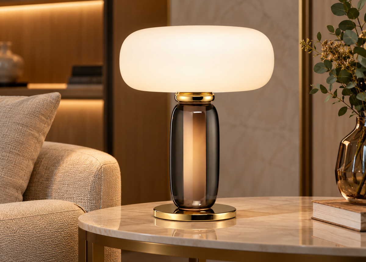 Luminária de mesa 4136 com corpo em vidro âmbar, detalhes em metal dourado e cúpula em tecido branco, ideal para ambientes modernos e refinados.