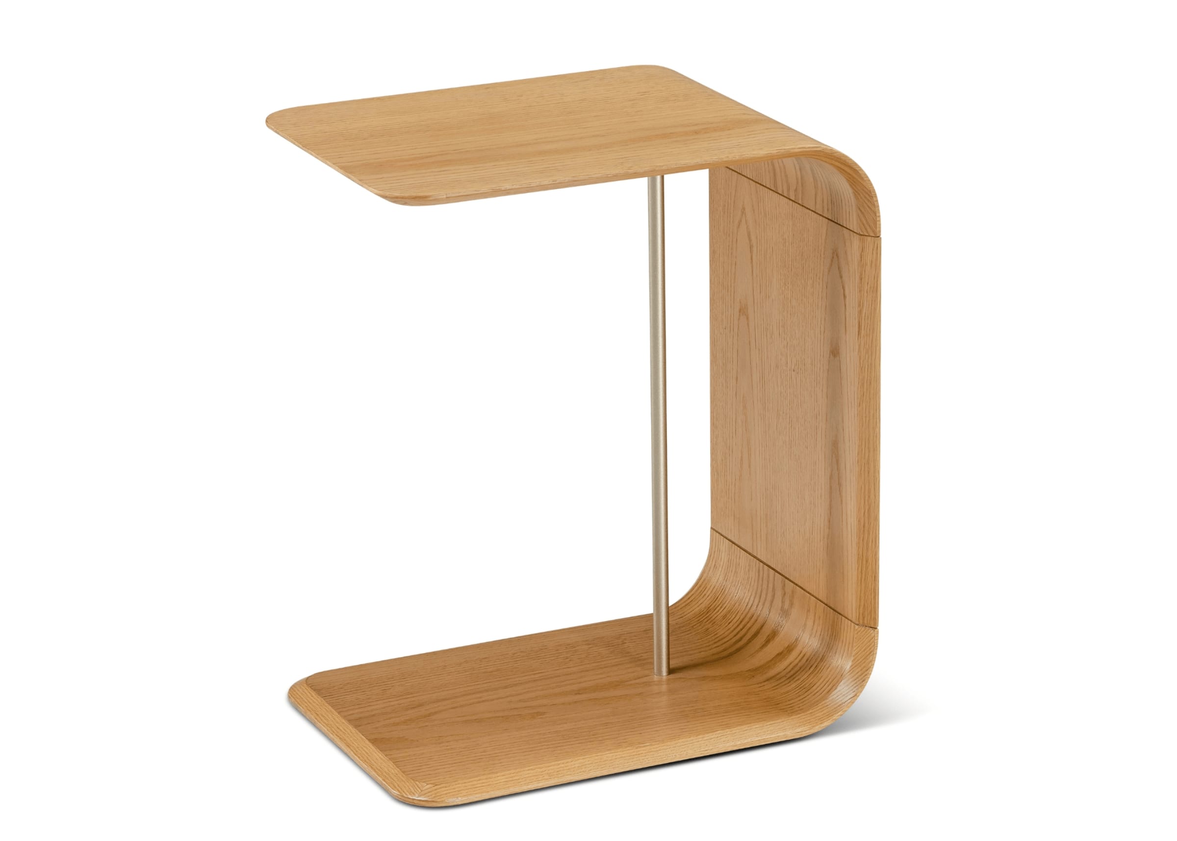 Mesa de apoio lateral formato C Madri em carvalho, vista frontal, com estrutura moderna e acabamento natural.