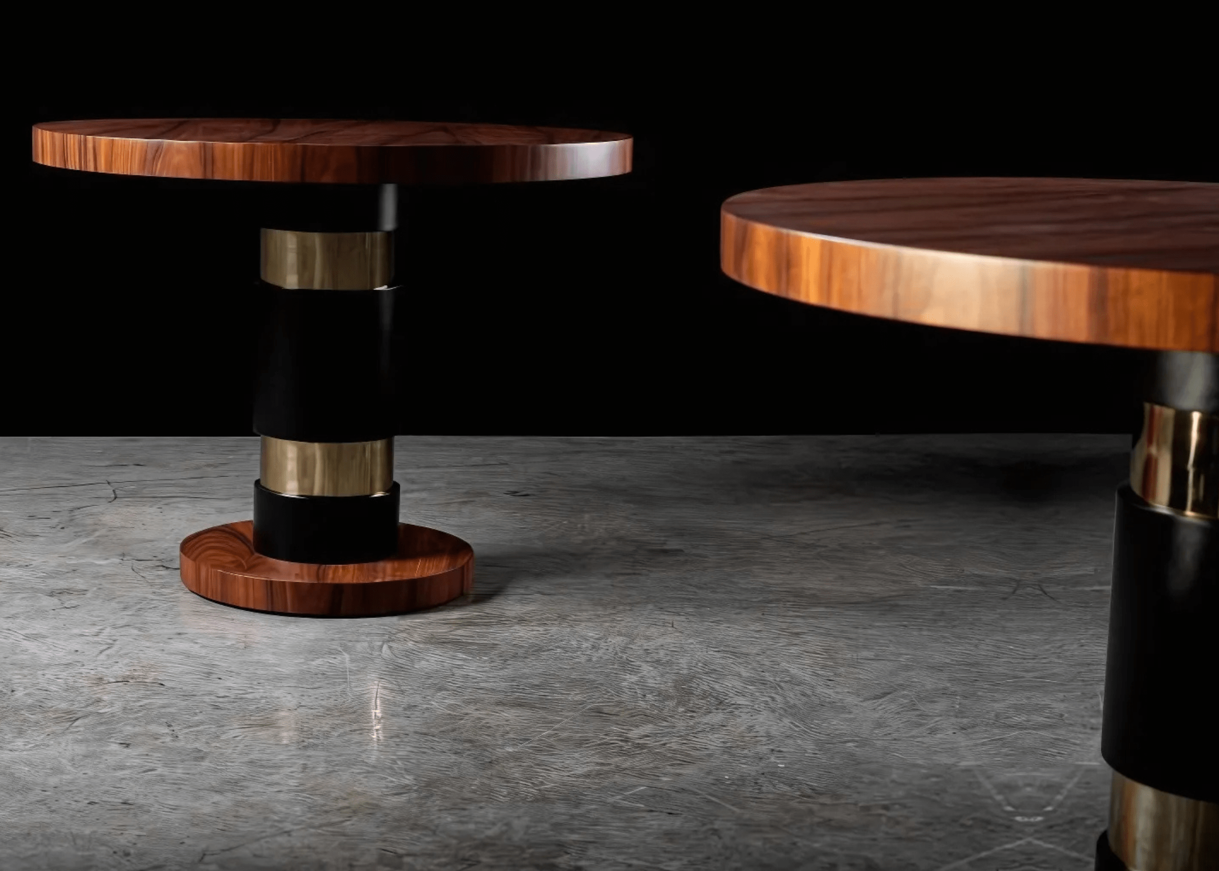Mesa de apoio redonda Mozard em laca preta com detalhes metálicos e design moderno.