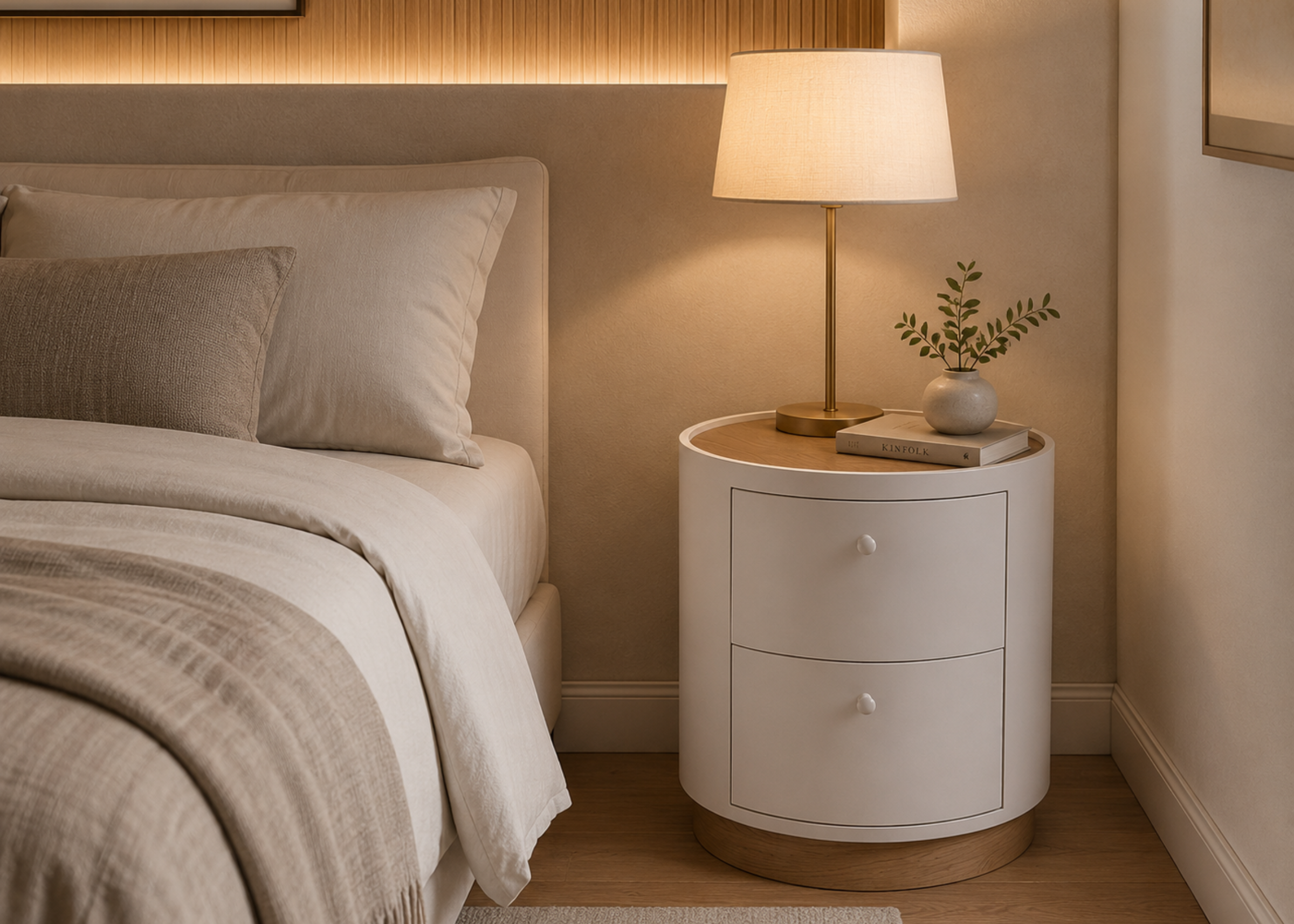Mesa de cabeceira Lusso em quarto elegante e luxuoso, apresentando design sofisticado e refinado, ideal para compor ambientes modernos.