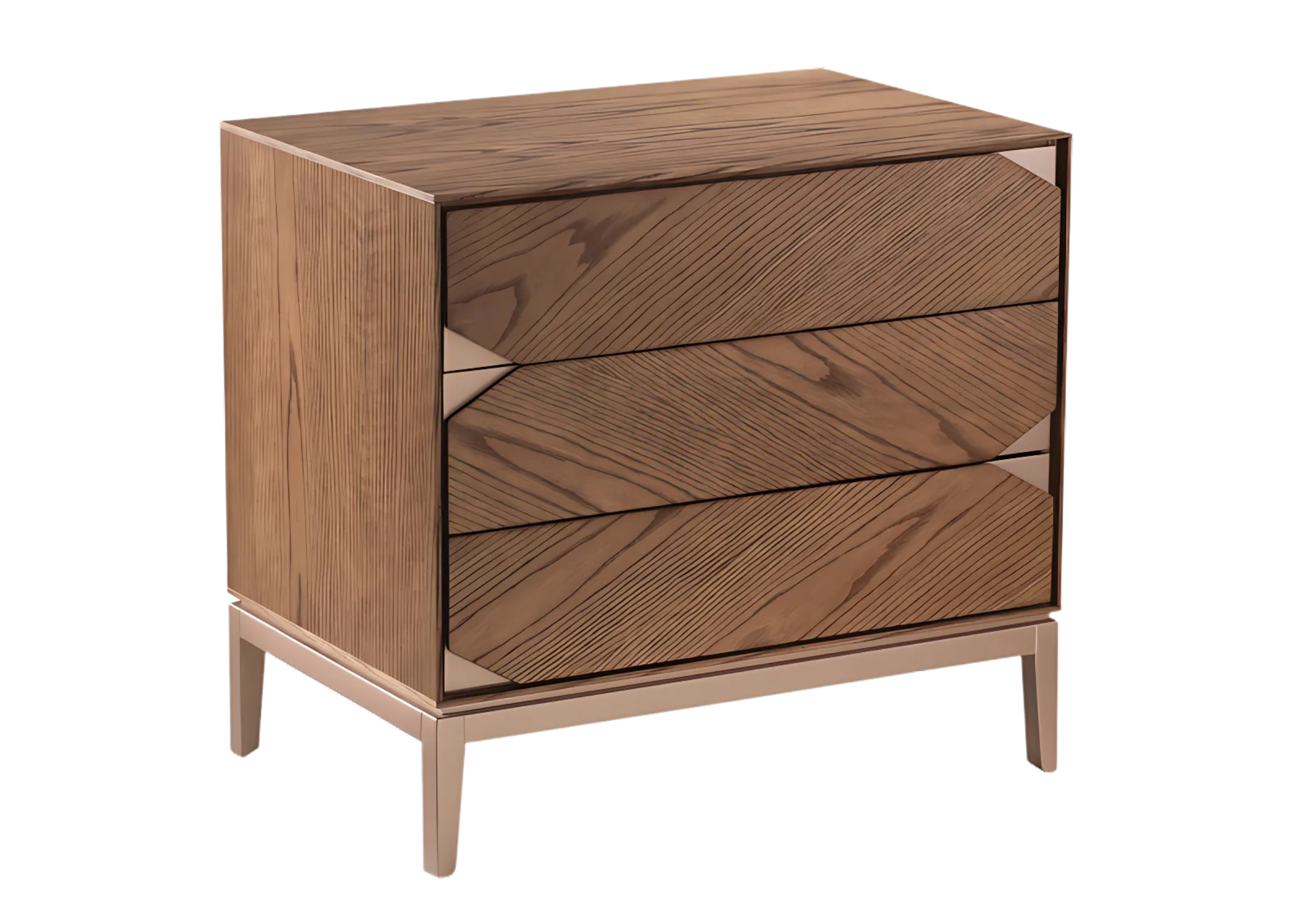 Mesa de cabeceira modelo Quadra em madeira com detalhes em aço carbono. Design luxuoso e contemporâneo, ideal para dormitórios sofisticados, apresentada sobre fundo neutro.