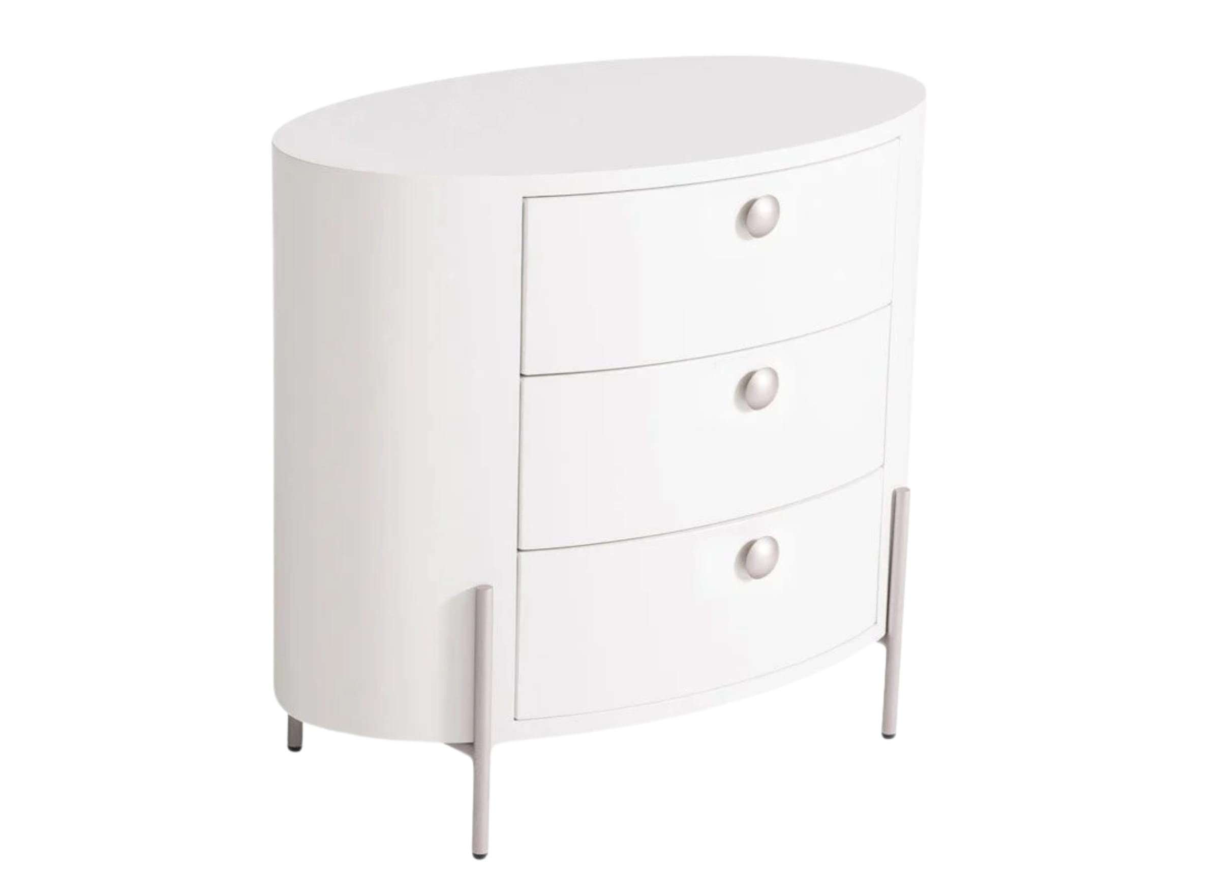 Mesa de cabeceira oval Leka com acabamento em laca fosca branca e pés metálicos modernos.