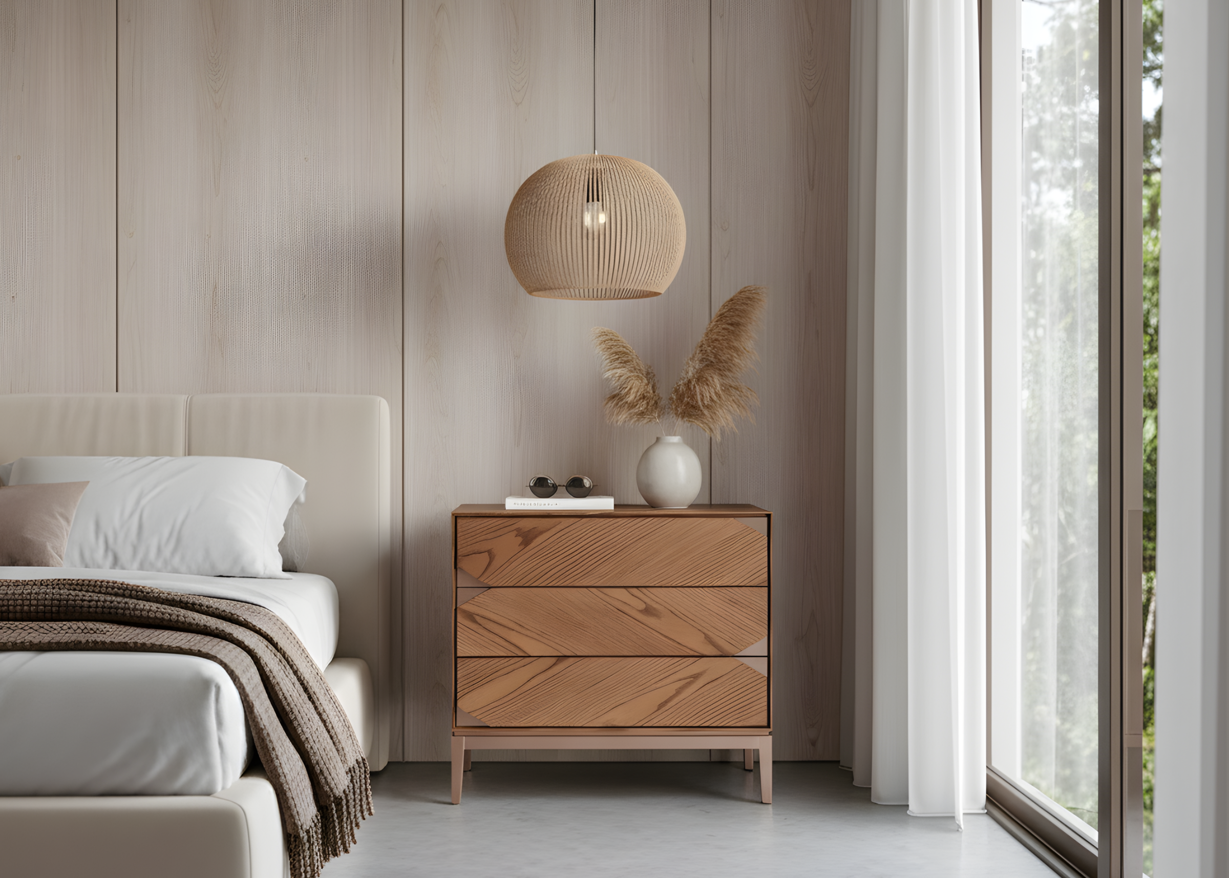 Mesa de cabeceira pequena modelo Quadra com acabamento em lâmina de madeira, design moderno e funcional, ideal para quartos contemporâneos.