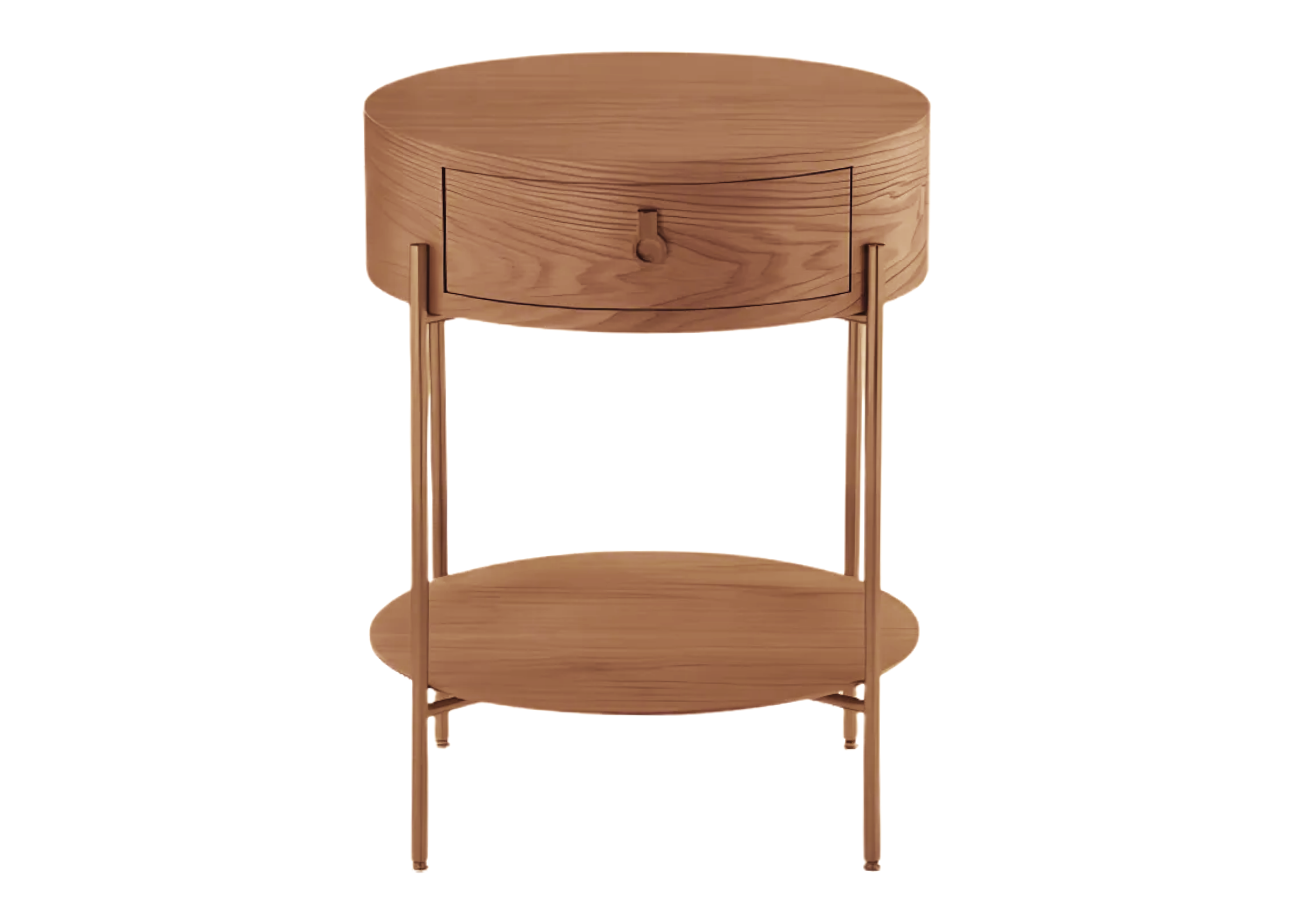 Mesa de cabeceira modelo Notte com tampo redondo em madeira e base em aço carbono. Design contemporâneo e funcional, ideal para dormitórios sofisticados, apresentada sobre fundo neutro.