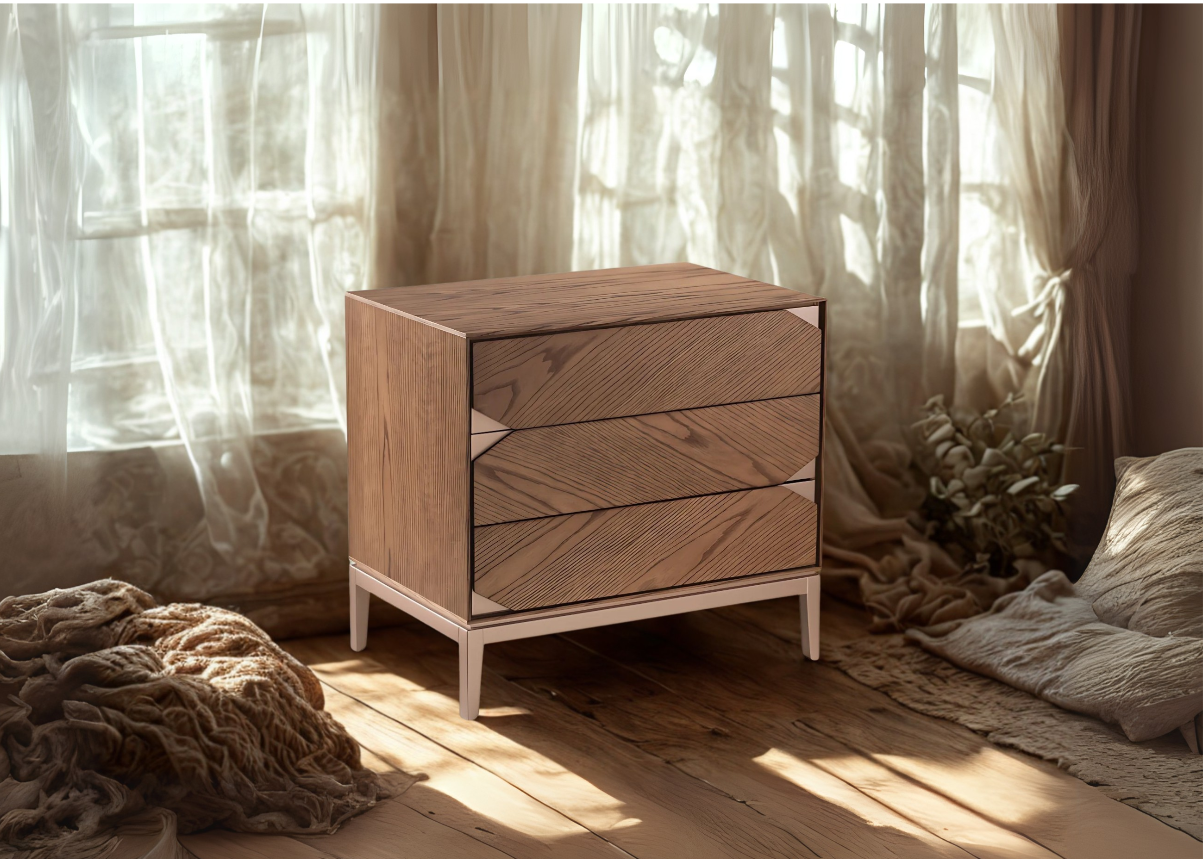 Mesa de cabeceira retangular modelo Quadra com três gavetas e acabamento em carvalho. Peça funcional e elegante, ideal para quartos modernos.