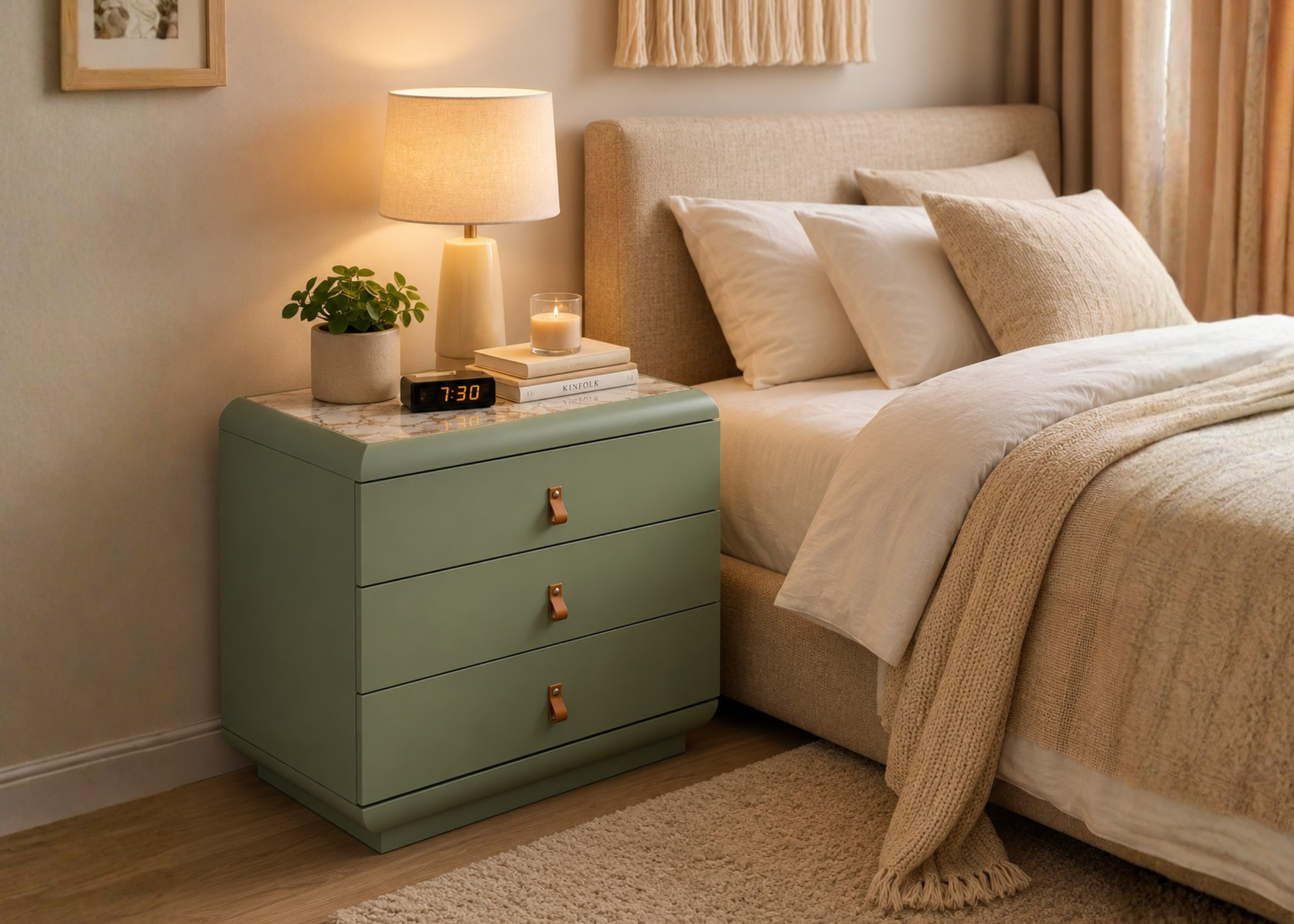 Mesa de cabeceira Thor em quarto moderno e sofisticado, apresentando design elegante e contemporâneo, ideal para compor ambientes refinados.