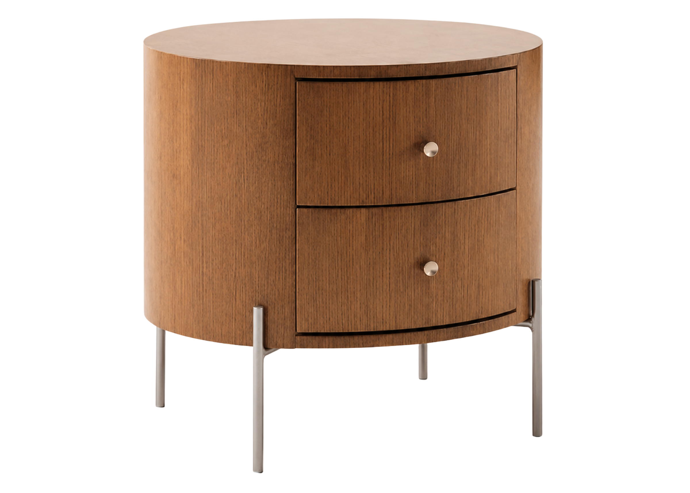Mesa de cabeceira Valenza com base gold e lâmina de madeira castanho, apresentando design elegante e sofisticado, ideal para compor quartos modernos e refinados.