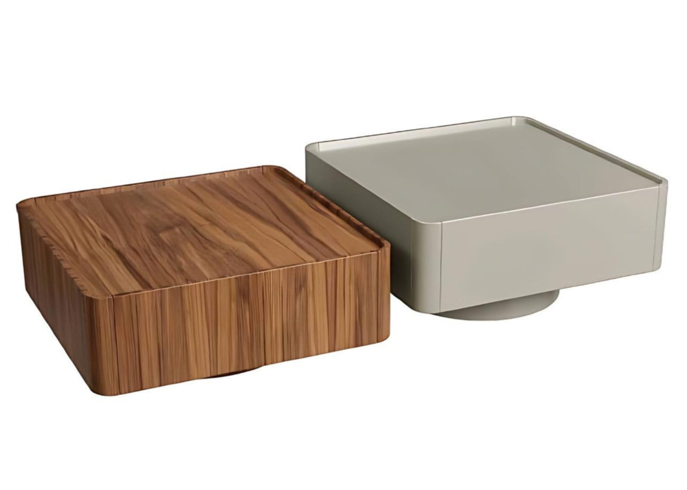 Mesa de centro quadrada modelo Viana em cinamomo nogal com acabamento em laca off-white. Peça elegante e contemporânea para salas de estar sofisticadas.
