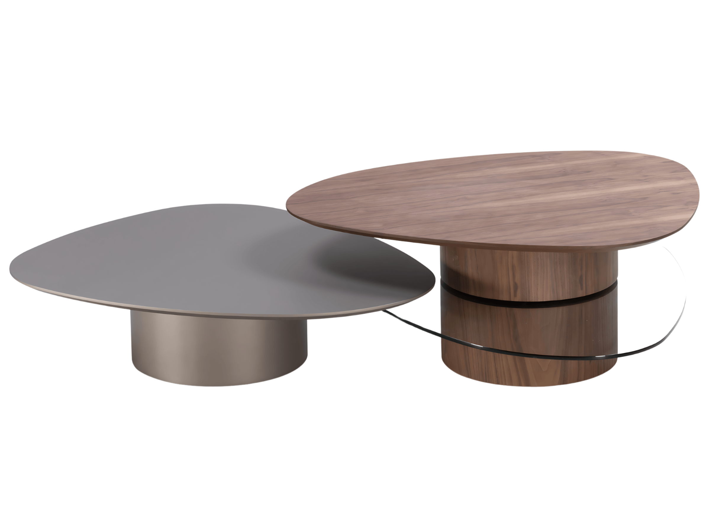 Mesa de centro modelo Atena com detalhe em tampo de vidro. Estrutura refinada e design contemporâneo, fotografada com fundo neutro.