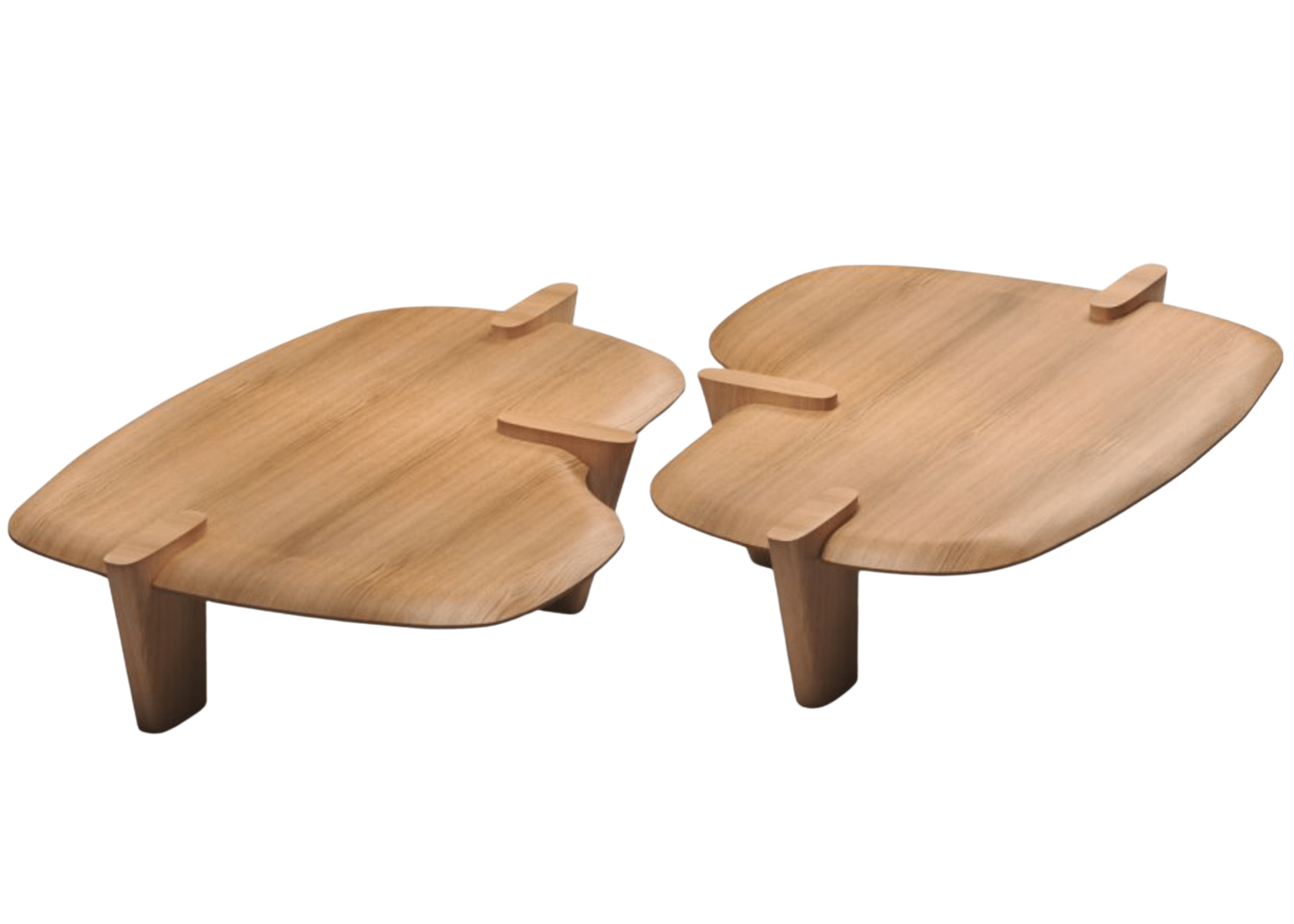 Mesa de centro Austin com formato orgânico, confeccionada em carvalho real. Design natural e contemporâneo, ideal para composições modernas, apresentada sobre fundo neutro.