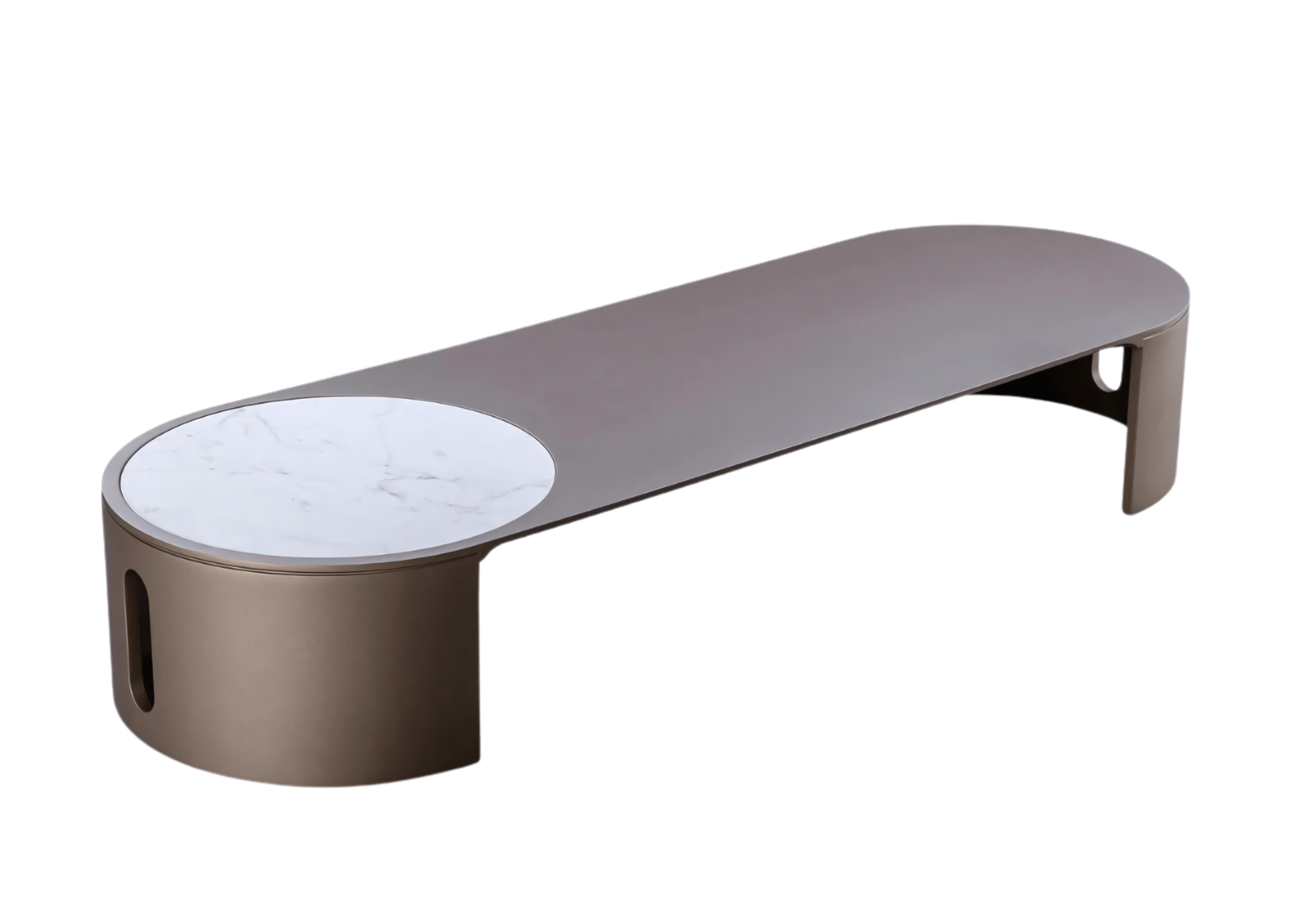 Mesa de centro com base metalizada e tampo com detalhe em porcelanato marmorizado. Peça sofisticada e elegante para ambientes modernos.
