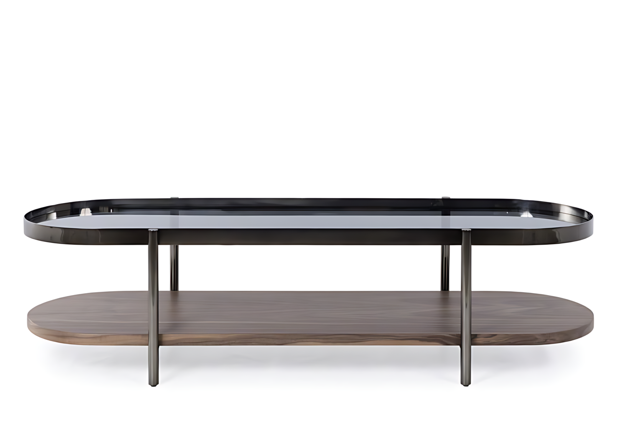 Mesa de centro Calla II com tampo em vidro bronze e superfície em nogueira, combinando materiais nobres em um design contemporâneo e elegante.