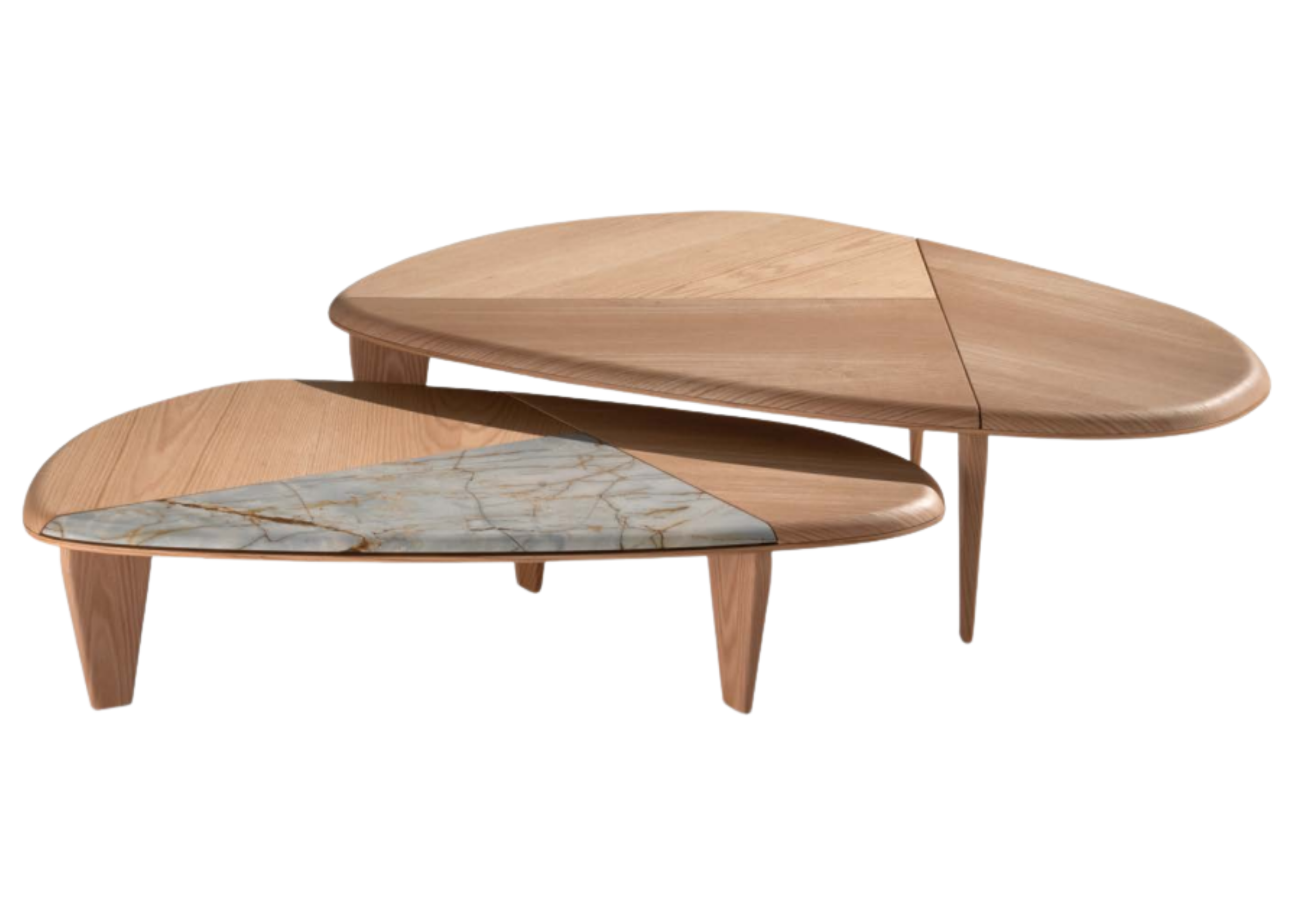 Mesa de centro em carvalho com detalhe no tampo em mármore Calacata. Design sofisticado e contemporâneo, ideal para ambientes elegantes, apresentada sobre fundo neutro.
