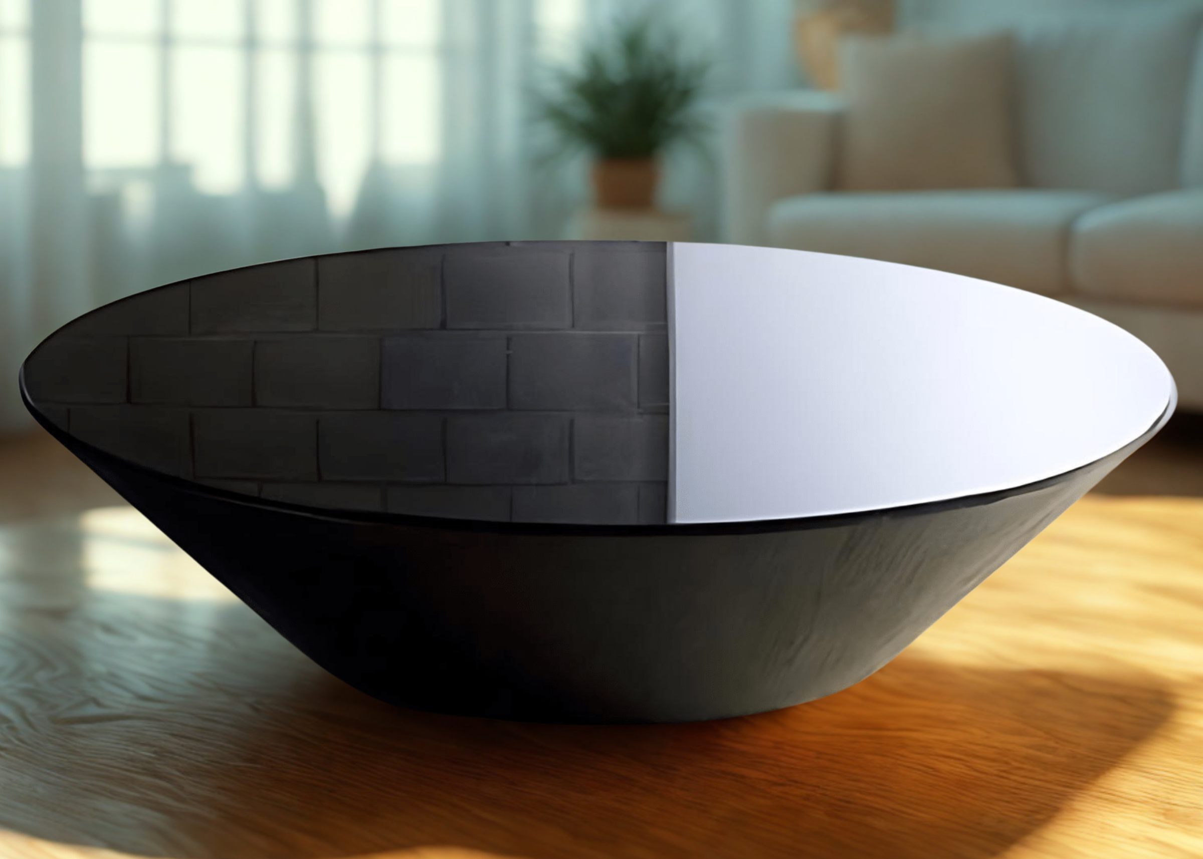 Mesa de centro modelo Cone com formato cônico e tampo em vidro pintado preto. Peça moderna e elegante para ambientes contemporâneos.
