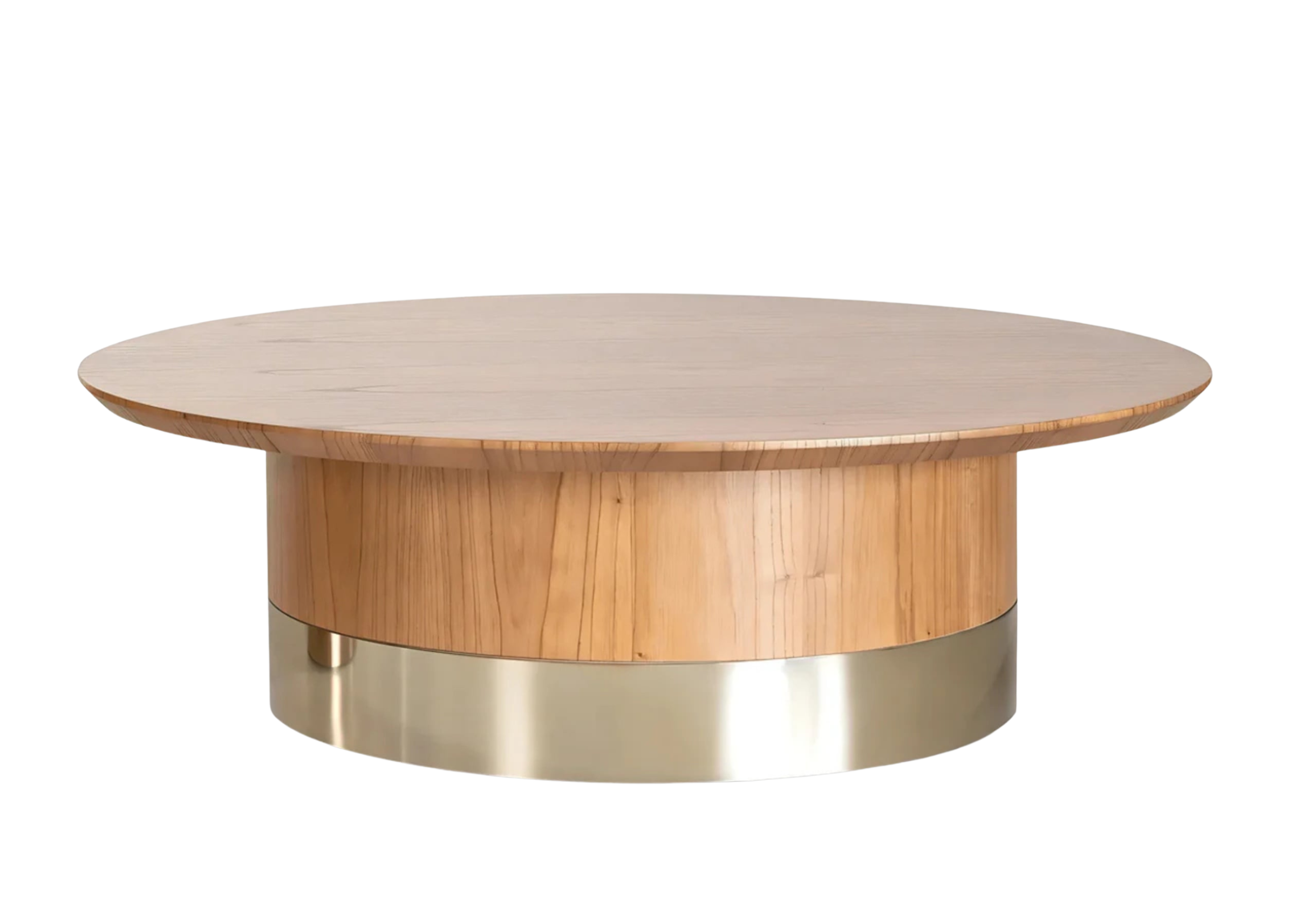 Mesa de centro modelo Heron com formato redondo e detalhe em inox dourado. Design refinado e contemporâneo, ideal para ambientes sofisticados, apresentada sobre fundo neutro.
