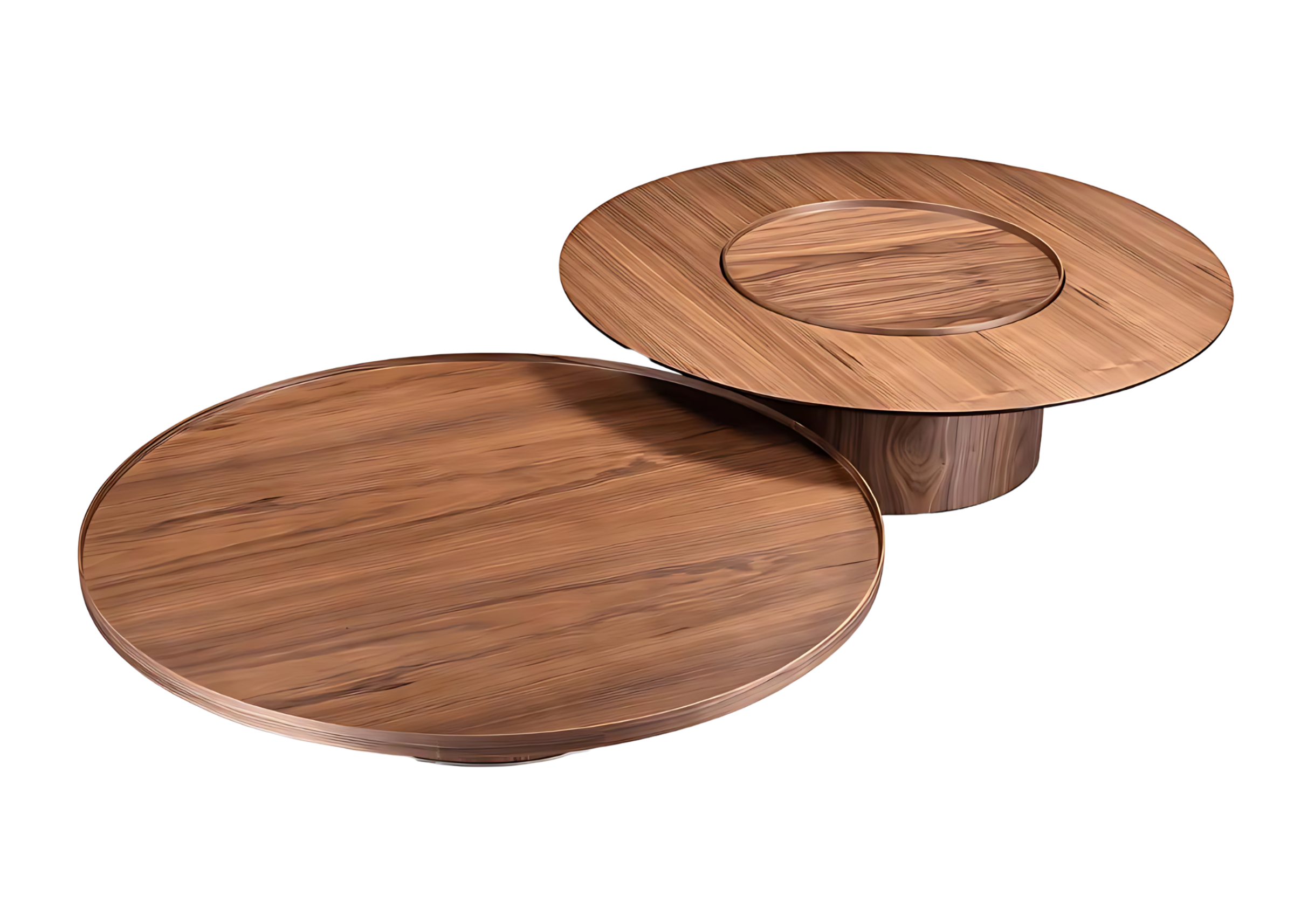 Mesa de centro Lady em madeira nogueira, com design minimalista e linhas arredondadas. Peça sofisticada para compor salas de estar contemporâneas, apresentada sobre fundo neutro.